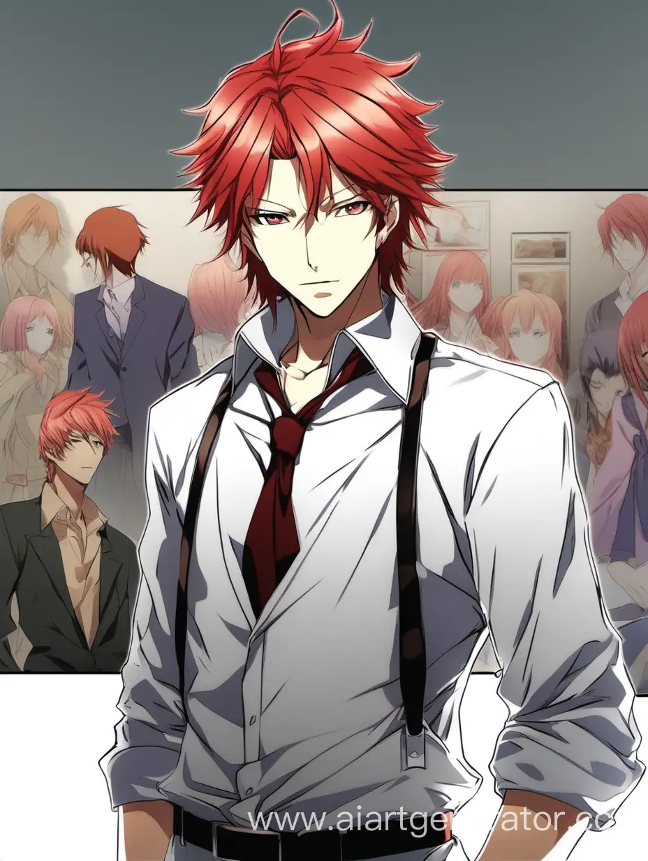 Мужчина с красными волосами до плеч, классическая одежда. аниме.