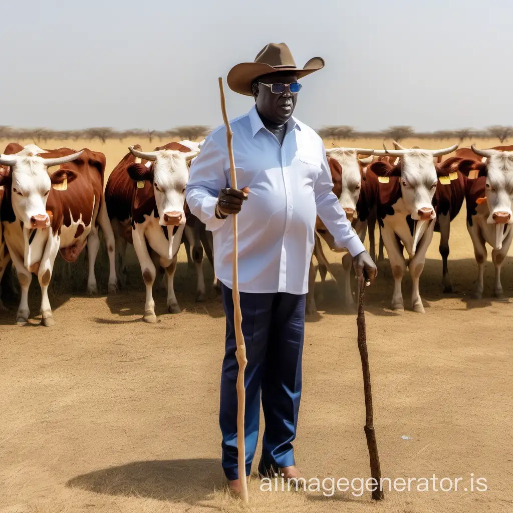 Le président senegalais Macky sall portant un pantalon bouffant et un chapeau de cow boy tenant un baton derrière un troupeau de vaches maigres dans une steppe
