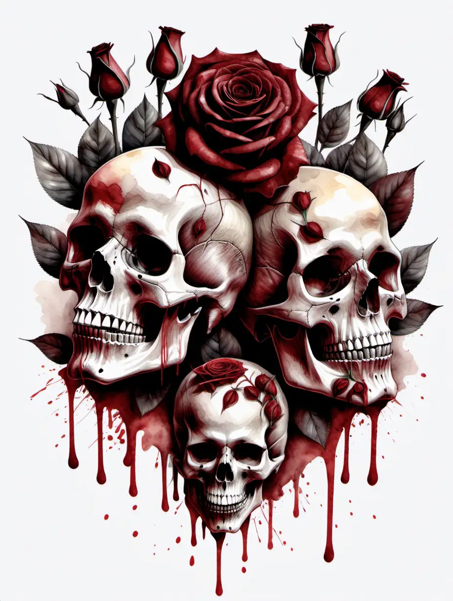 3 Human skulls, surrounded dark red roses, extreme detailed watercolor style, emerging from white background 