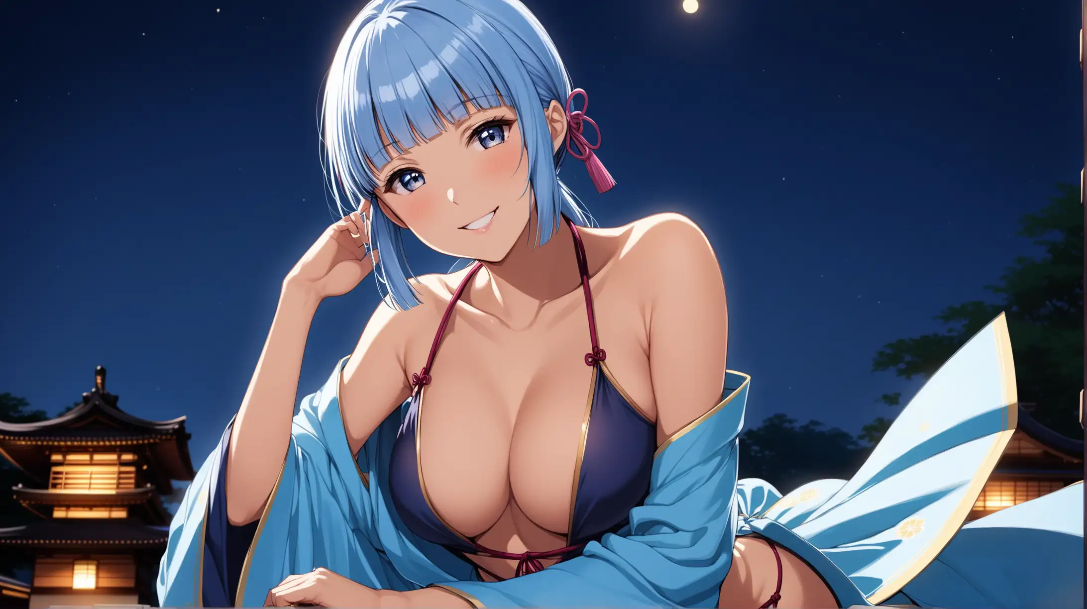 Draw the character Ayaka Kamisato, high quality, dim lighting, low angle, outdoors, seductive pose, revealing outfit, erotic, smiling at the viewer