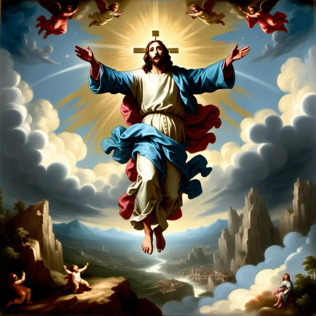 Make a Boroque style landscape painting of Jesus   hovering over the world with his arms open