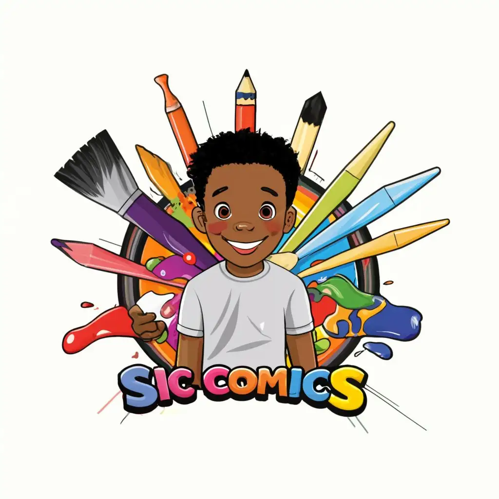 a logo design,with the text "SIC COMICS  ", main symbol:Design a hip (((logo))), perfect for a vibrant and whimsically illustrated comic book company called SIC Comics, created by the young African American illustrator Sir Isaac Carroll. The logo features playful colors and kid-friendly designs, with the words "SIC COMICS" arranged in a modern, childlike font in the middle of the design. The design should include a cute smiling young African American boy surrounded by an array of art supplies. I want the words SIC COMICS displayed across the middle of the images,Moderate,be used in Entertainment industry,clear background