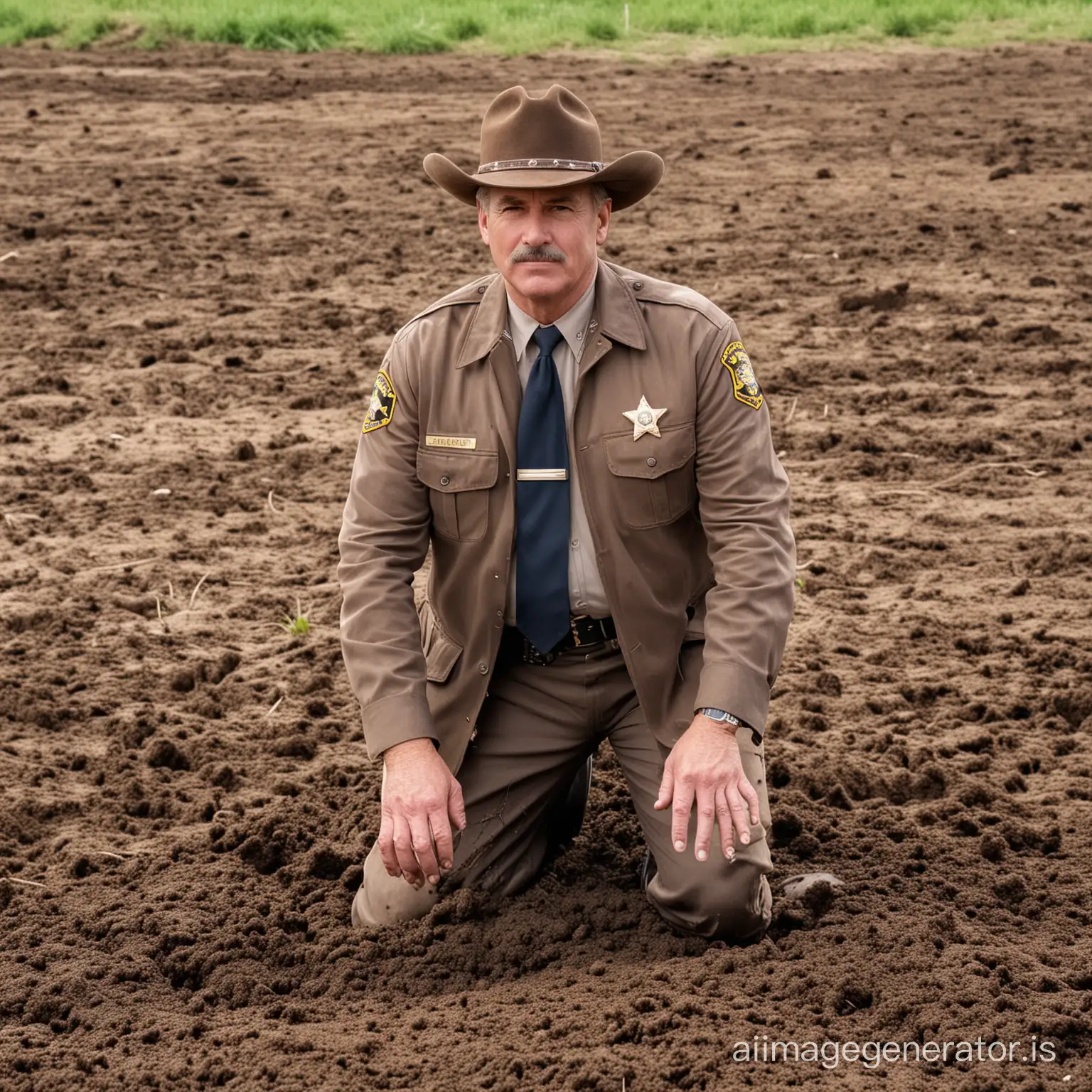 mature sheriff face first in a pile of fresh manure