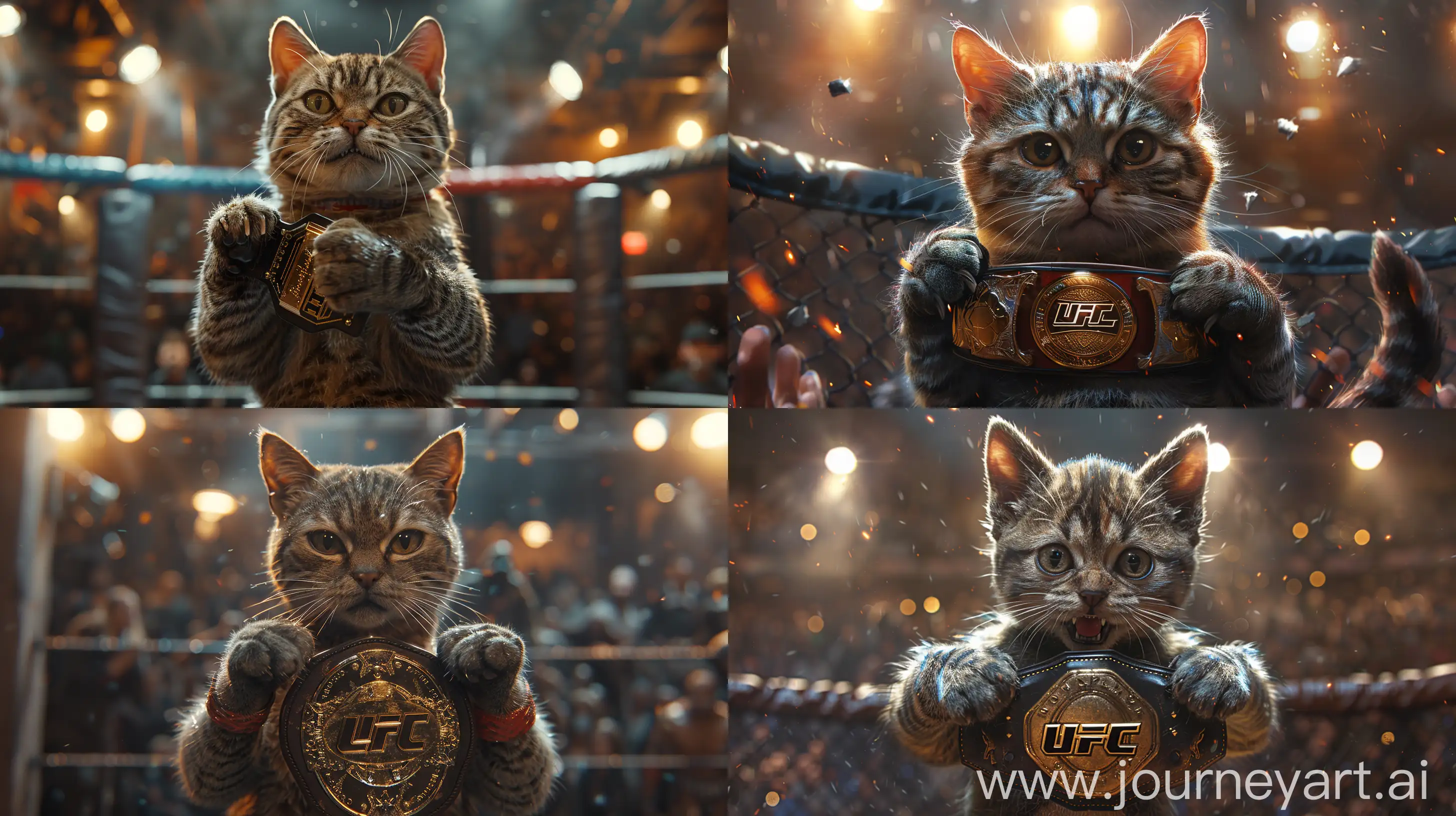  highly muscular cat victorious in dynamic WWE pose, clenching championship belt with authority, hyper-realistic fur and muscles, sports entertainment glory, intense mid-action wrestling ring, spotlights highlighting the scene, victory roar, crowd cheering in the background --ar 16:9 --s 750 --v 6
