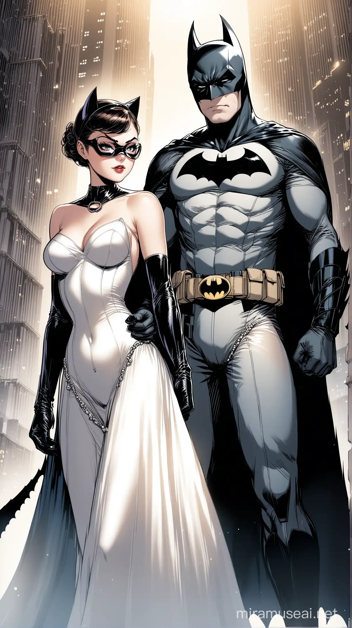 Batman Catwoman, batman in black and Catwoman in white dress, super attractive power couple