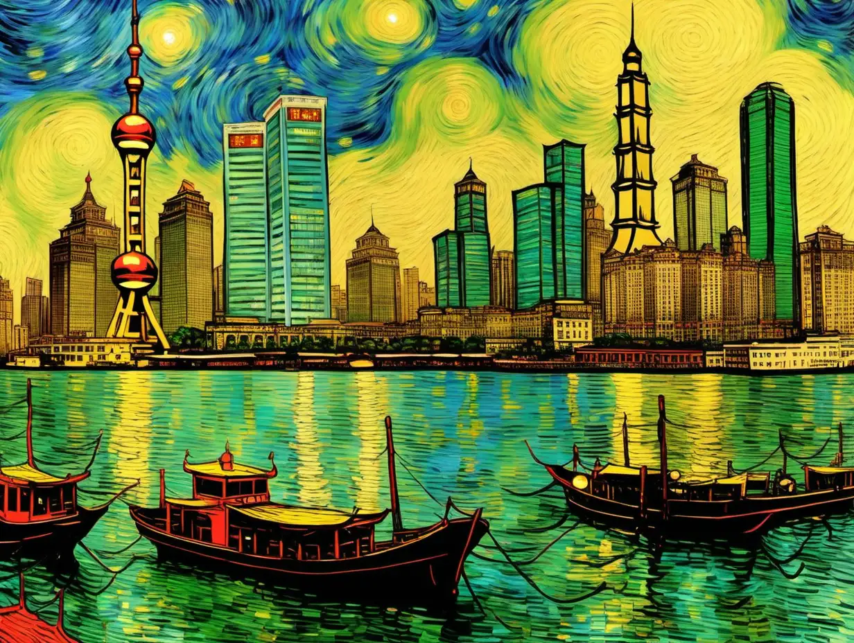 Starry Night Over Shanghai Bund Van Gogh Inspired Cityscape