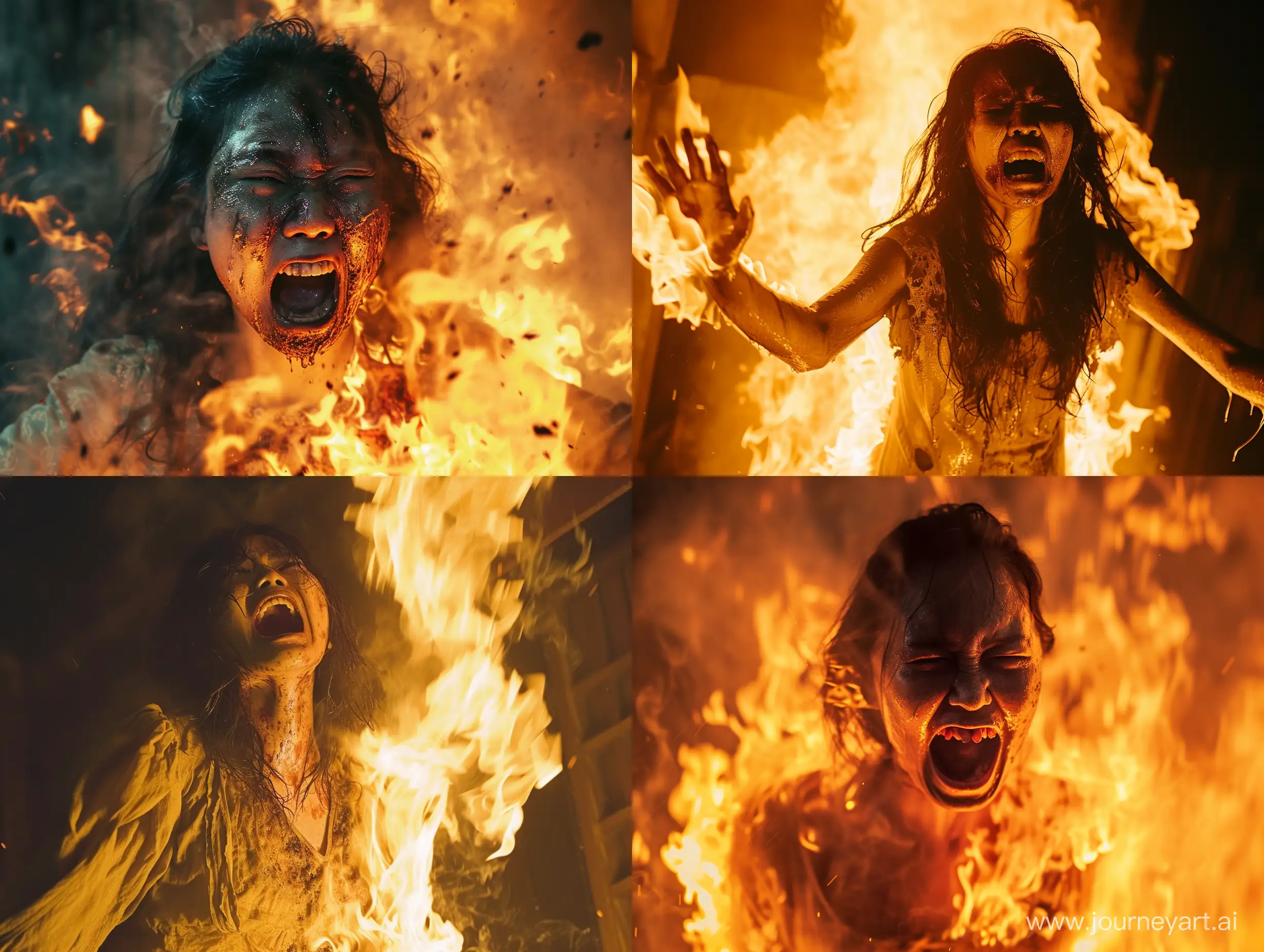 a scary female ghost is being burned by fire and hysterical in pain, horor movie scene indonesia