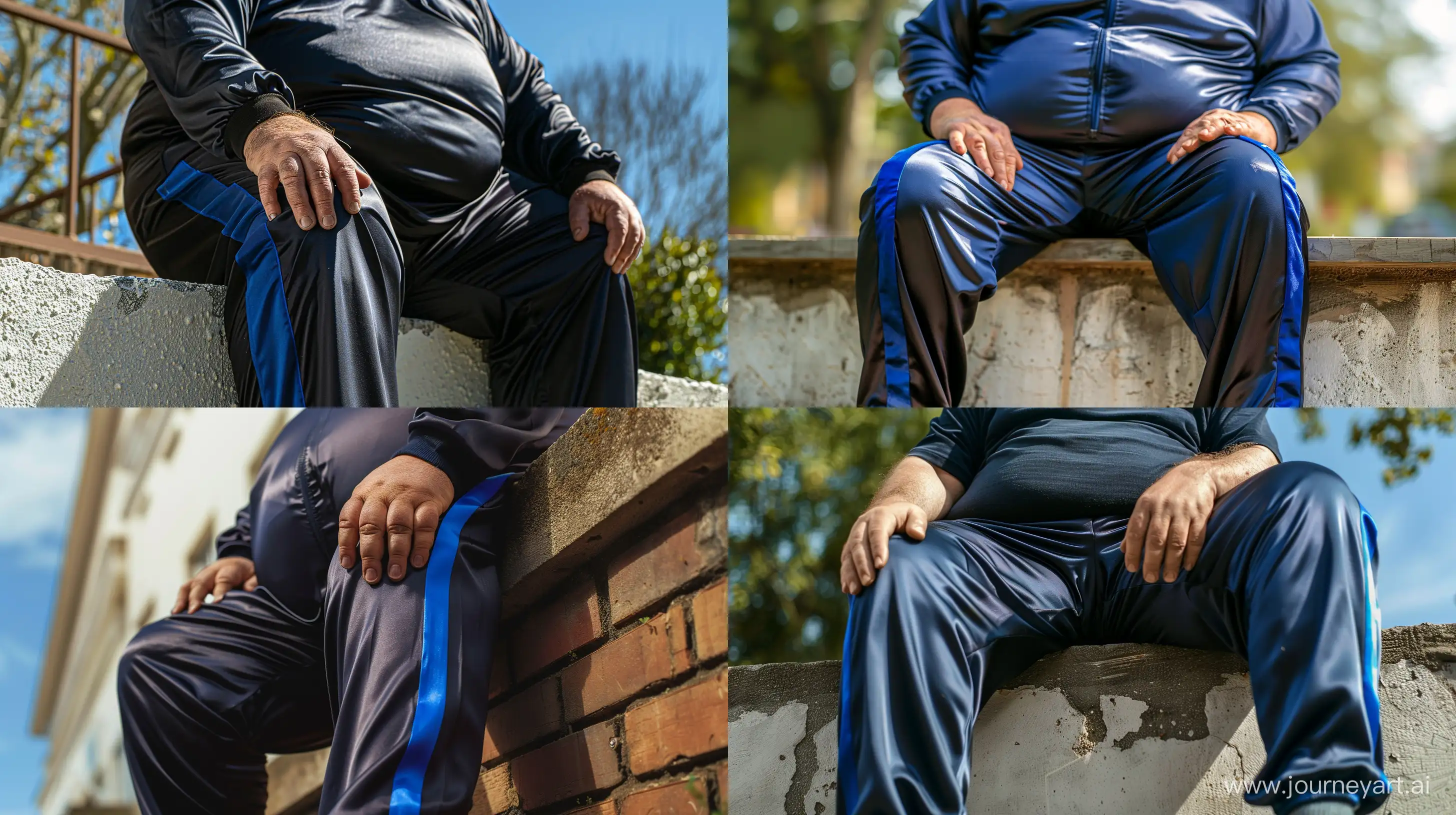 Front view close-up photo of a very fat man aged 60 wearing silk royal navy tracksuit pants with royal blue stripe on the leg. Sitting on the edge of a wall outside. Hands on the wall. --style raw --ar 16:9