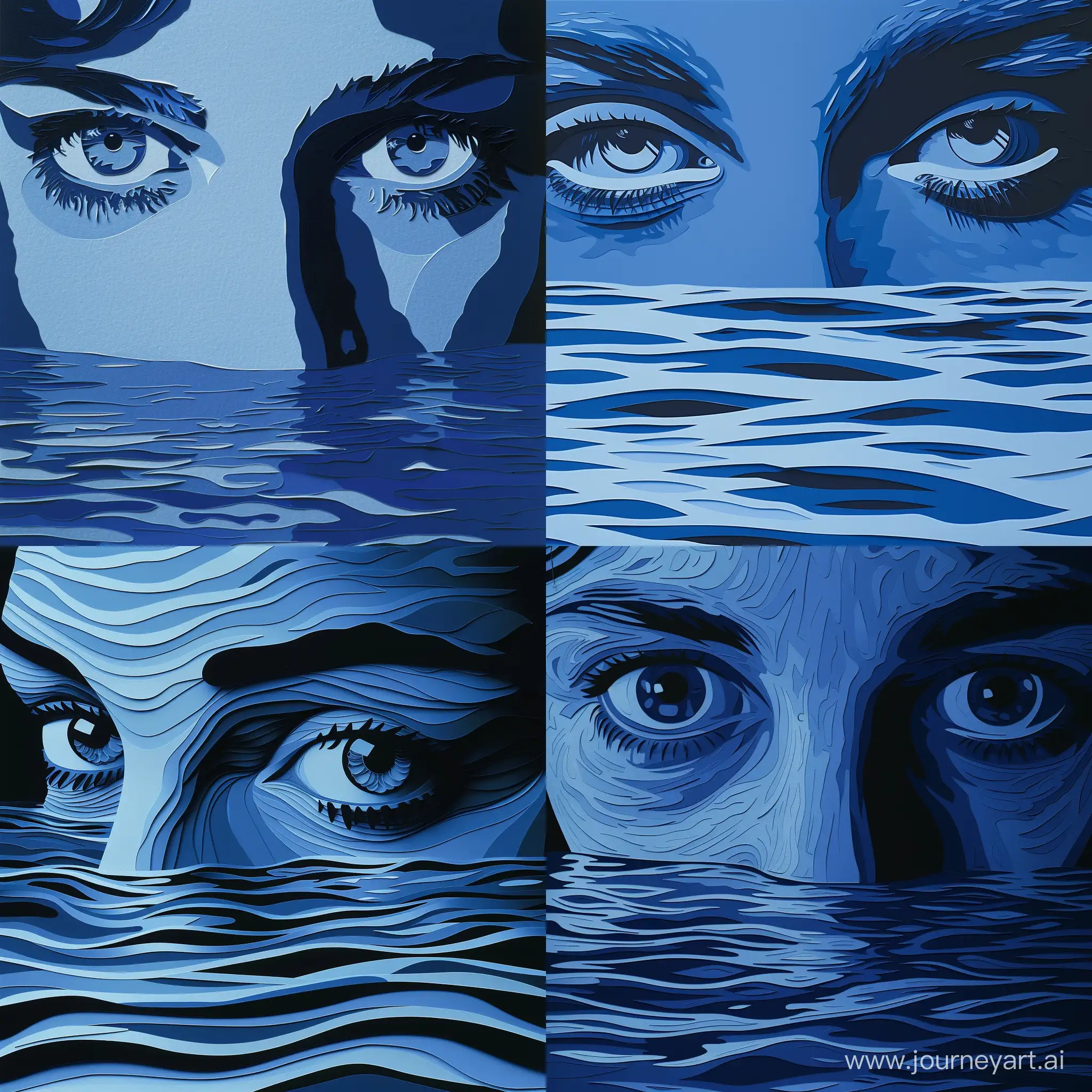 cut paper art of cinematic still, blue tone, ektachrome, close-up shot, eyes on the water. by james turrell, in vector style, high quality details,