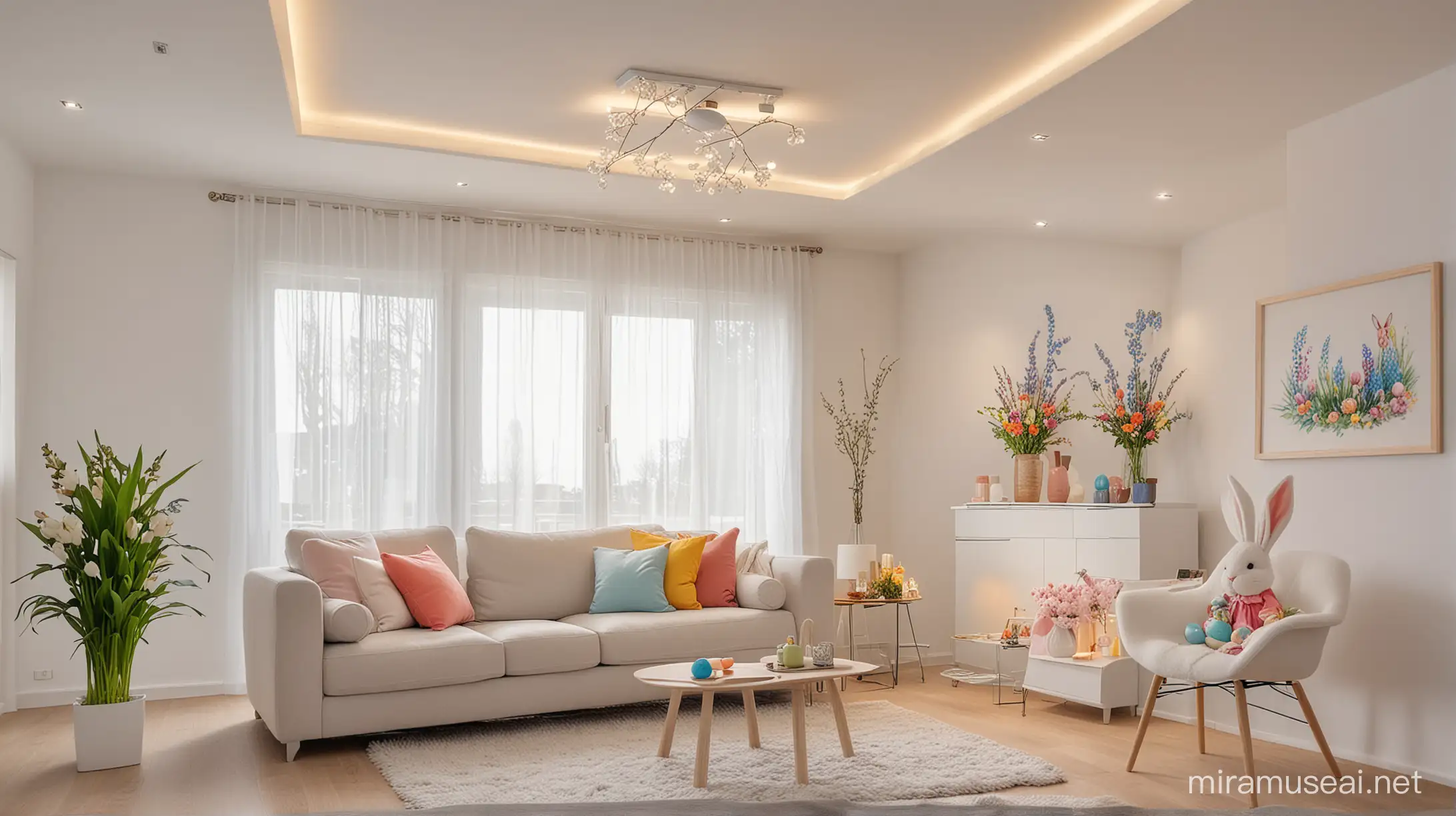 Feeling of Easter monday.  A bunny in  an armchair and colored eggs and spring flowers. Easter food on the table. Modern living room, accentual rectangular false ceiling island on the ceiling, island with warm white led strip lighting and led spots. Artistic paintings and stuff in wall.