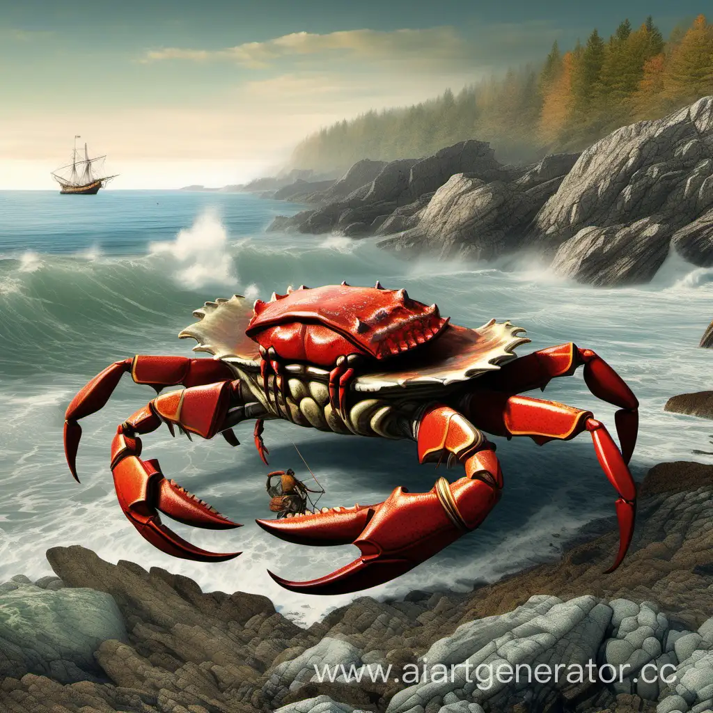 Iroquois-Tribe-Rider-atop-Giant-Crab-on-Rocky-Shore