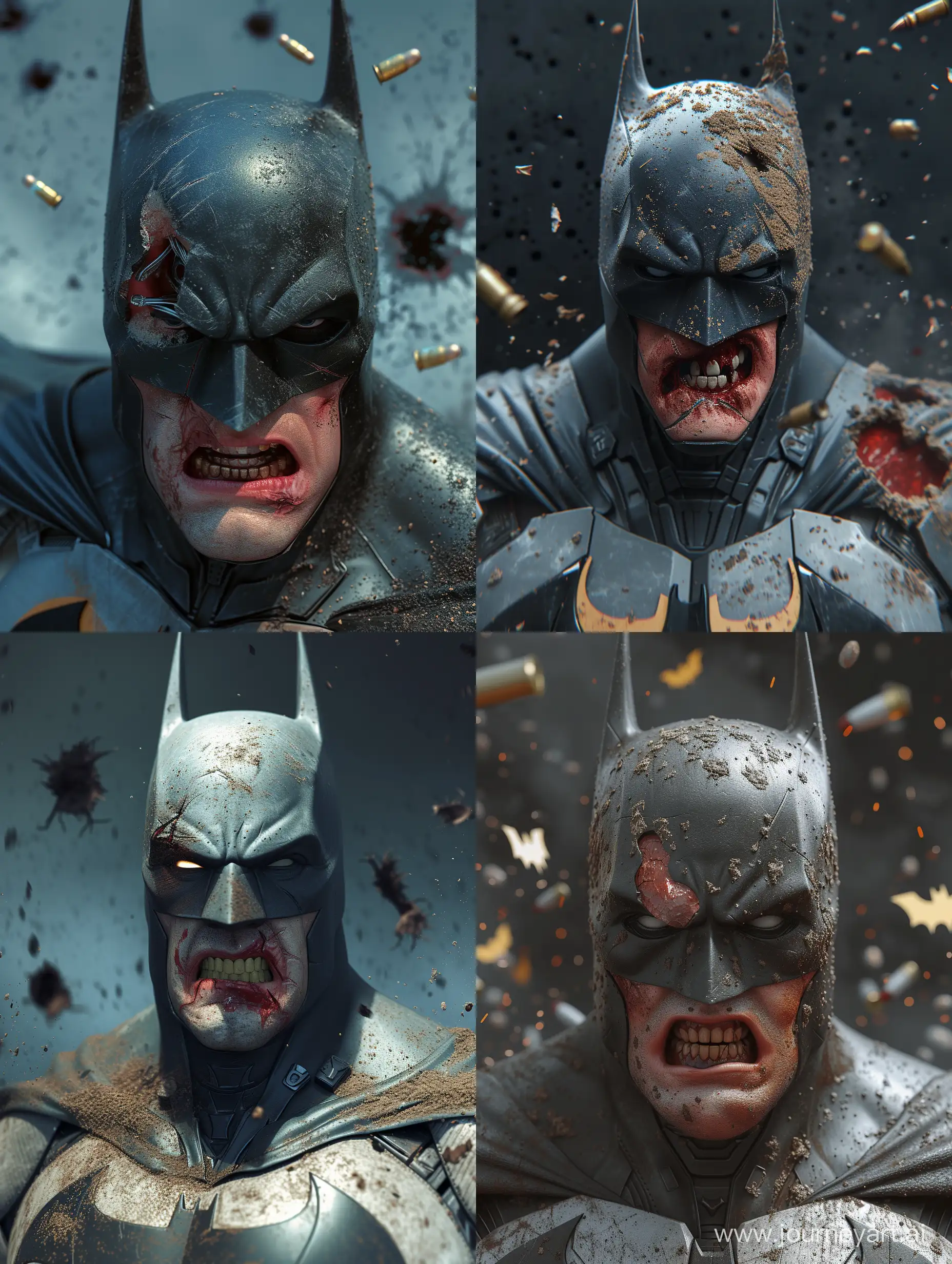 The image depicts a damaged Batman suit with a broken cowl and a bloodied face. The suit is covered in dirt and there are bullet holes in the background. The suit's left eye is missing and the right eye is bloodied. The suit's chest has the symbol of the bat. The suit's mouth is open, revealing sharp teeth. The suit's ears are pointed and the suit has a utility belt. Detailed face, detailed eyes, detailed nose, detailed mouth, high_resolution, hdr, hd, 8k, cinematic,photography, photorealistic, photorealism, hyperdetailed, illustrations, illustrating,clear skin,uhd, ultra-realistic, realism, realistic, best lighting, colour,high quality, unreal engine, epic realism, detailed, best design, detailed graphics, high_contrast, super detailed, ((masterpiece)),hyper-realistic,ultra_detailed,high_definition,professional SLR camera,volumetric lights.