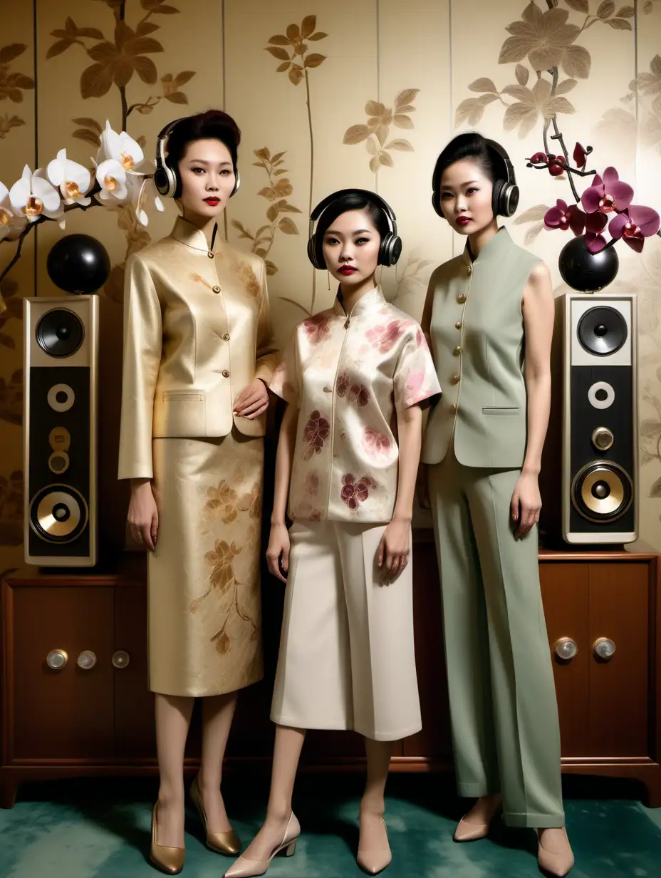 three generations of chinese women models, standing, full body portrait, wearing classy street style with gold orchid earrings and headphones, mid-century modern sunken living room floral wallpaper interior background, with vinyl player and radio, old photograph color palette, cinematic, soft light, photorealistic