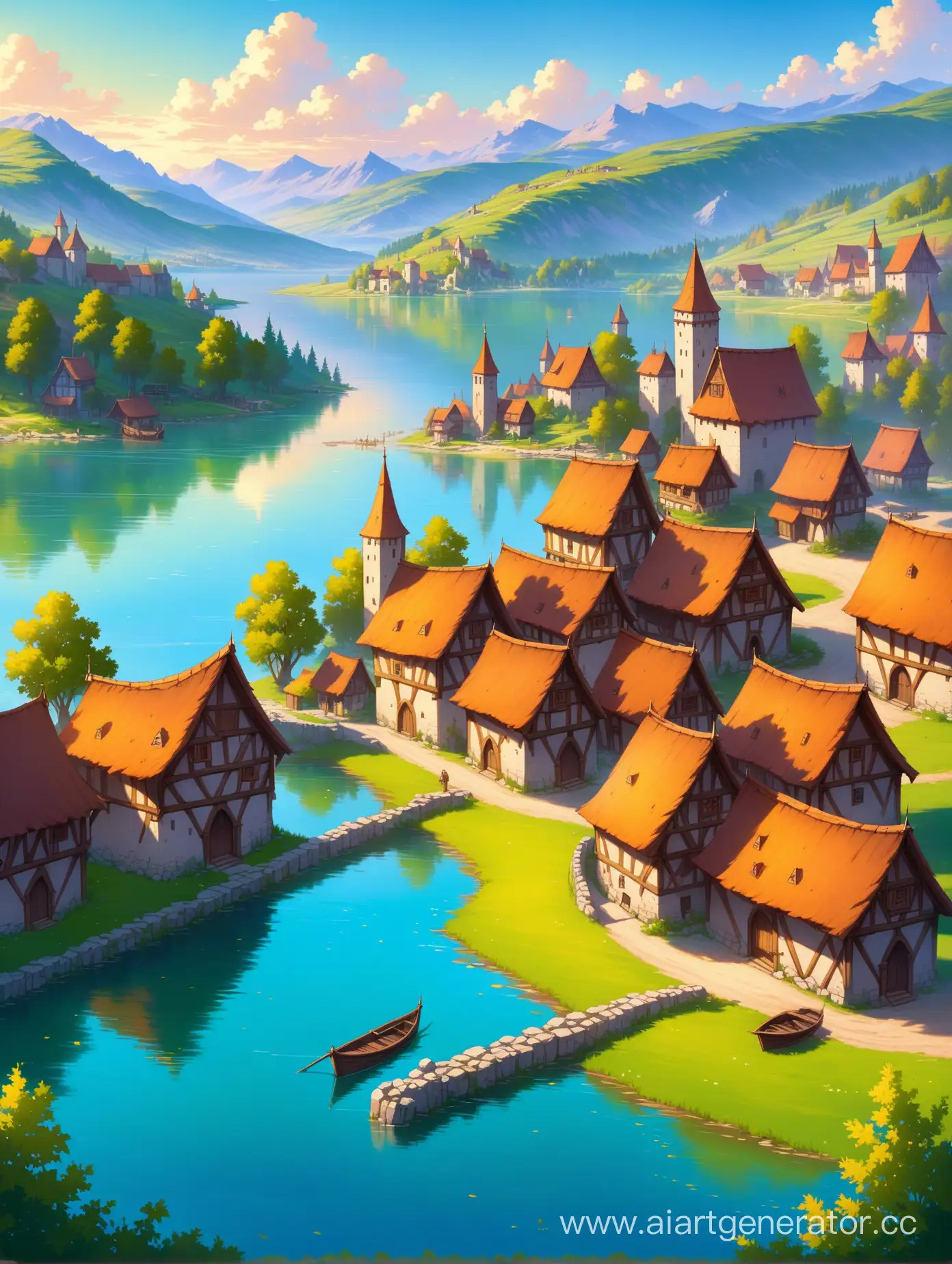 средневековая деревня, озеро, арт фэнтези