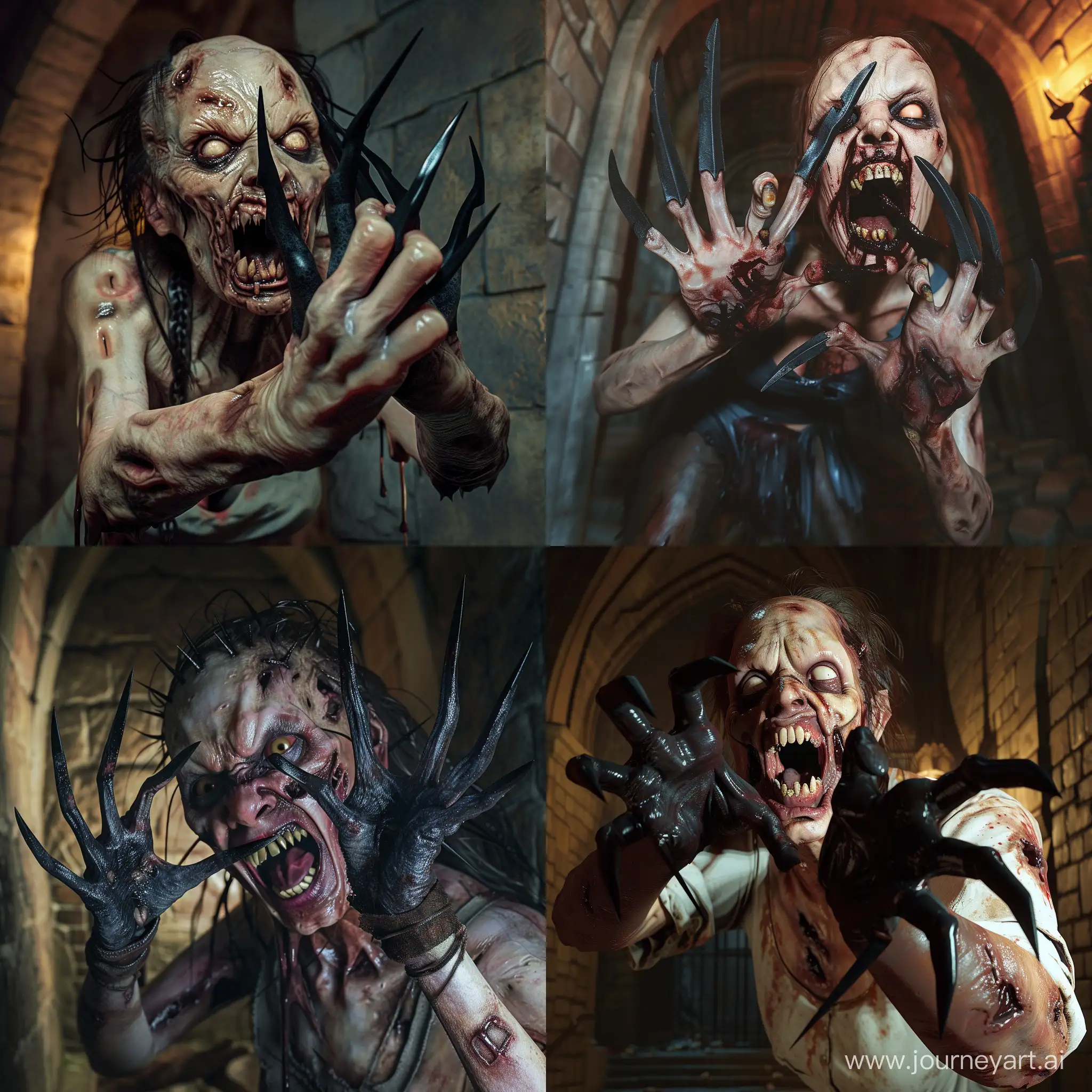 Undead A horrible rotting female zombie attacks using her pointed black claws on her own five-fingered hands, her mouth dangerously open, exposing pointed teeth resembling fangs. The action takes place in a dark crypt. High detail, photorealism, hyperrealism.