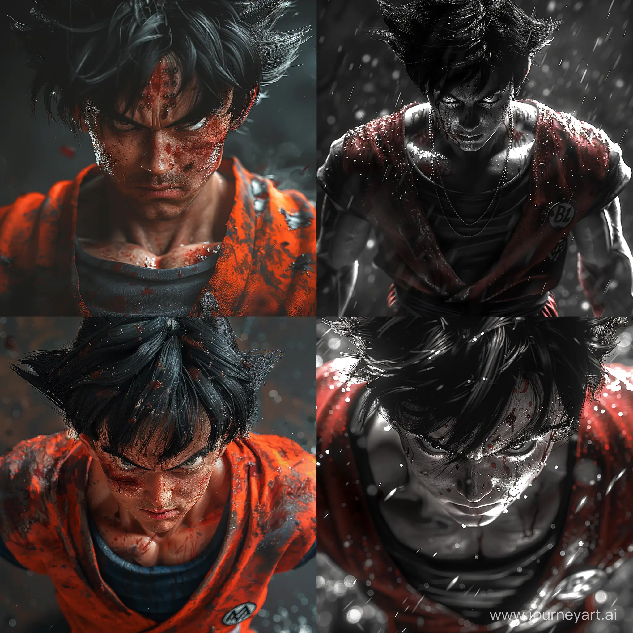 realistic dragon ball,Son Goku, looking down, cinematic, dark, prime 1 studio, (awe-inspiring:1.1), majestic, pompous, (floating in mid-air:1.5), (leviating:1.5), extreme detailed, flowing cape, chiaroscuro, harsh shadows, bloody highly detailed --style raw --stylize 750 --v 6
