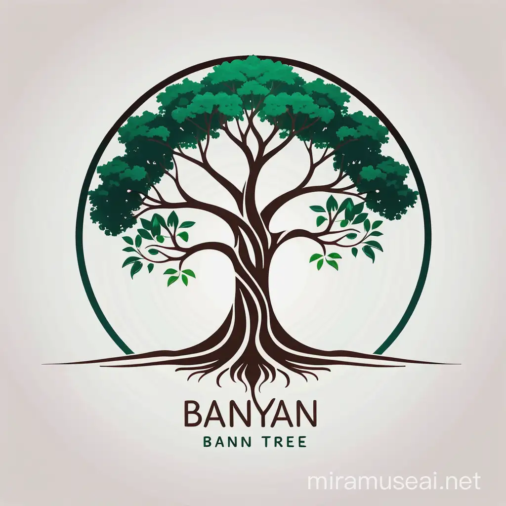 Make a company logo with the words Banyan tree. Also include a banyan tree with hanging roots. make it vector. add aerial roots to this image