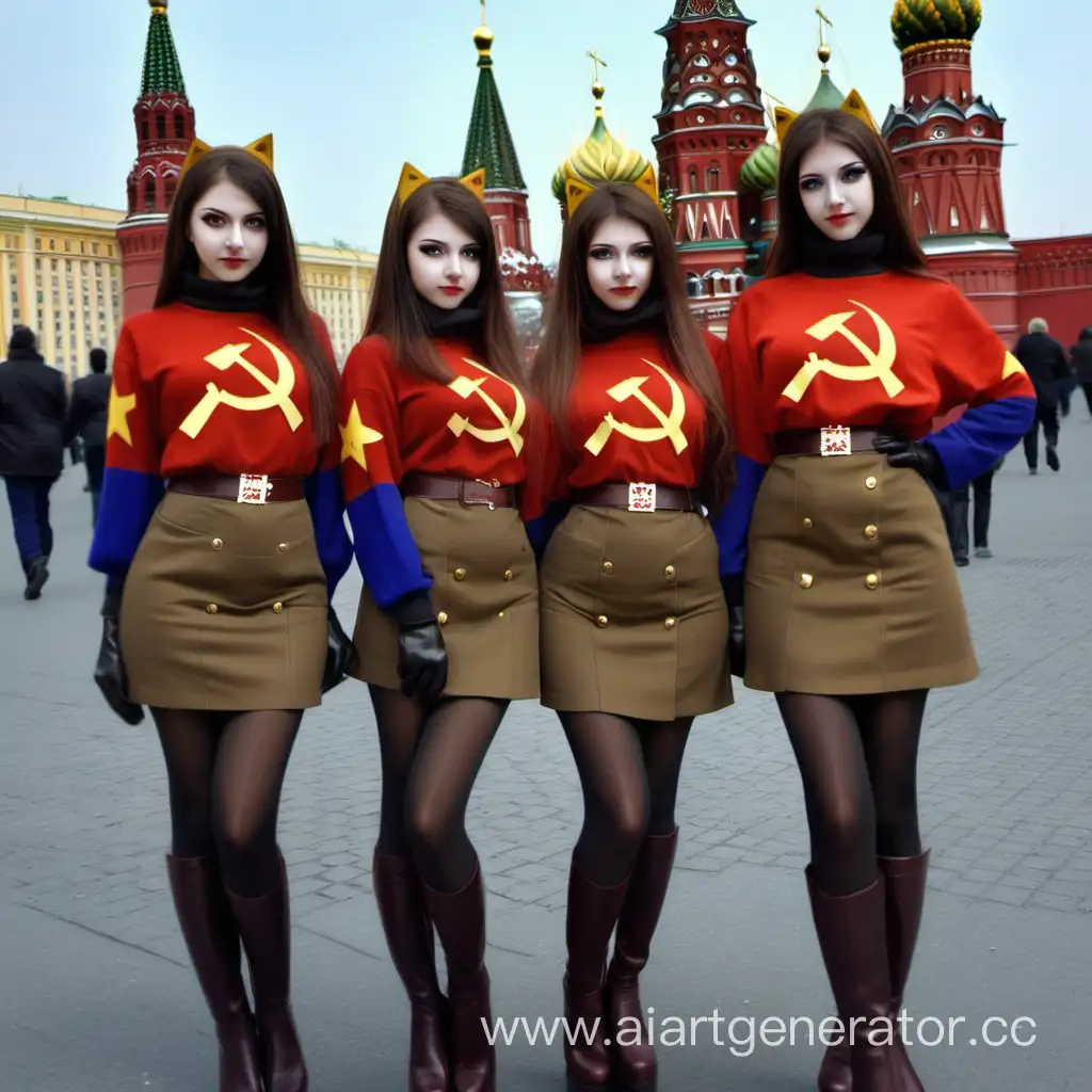 Communist squad two catgirls, Armenian , yellow eyes, brown hair, in Moscow 