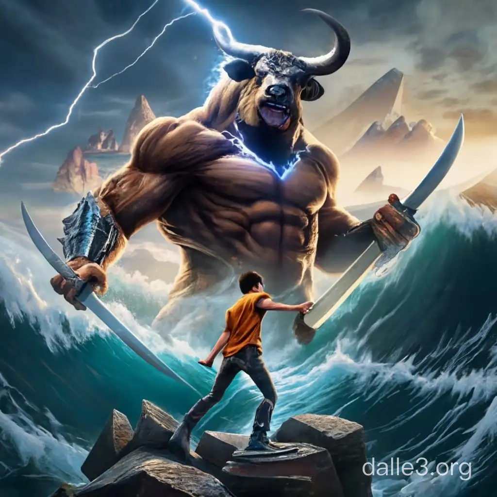 i imagine percy jackson slaying a minotaur with his sword riptide, it should be as detailed as possible. mount olympus can be seen in the background and magical effects everywhere such as zeus' lightning