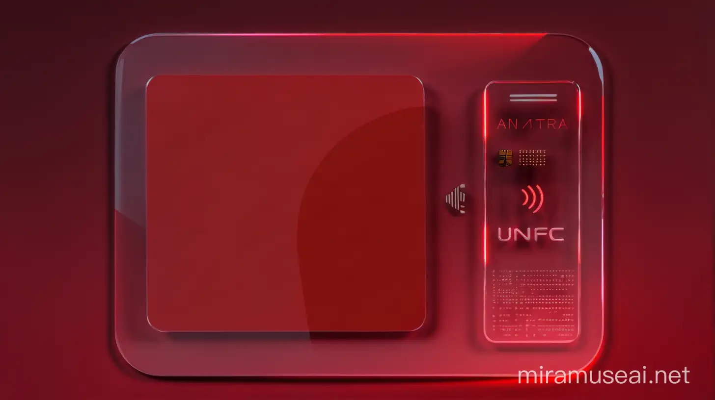 flying modern transparent card  on red background showing neon effect of electronic nfc antenna and circuite 