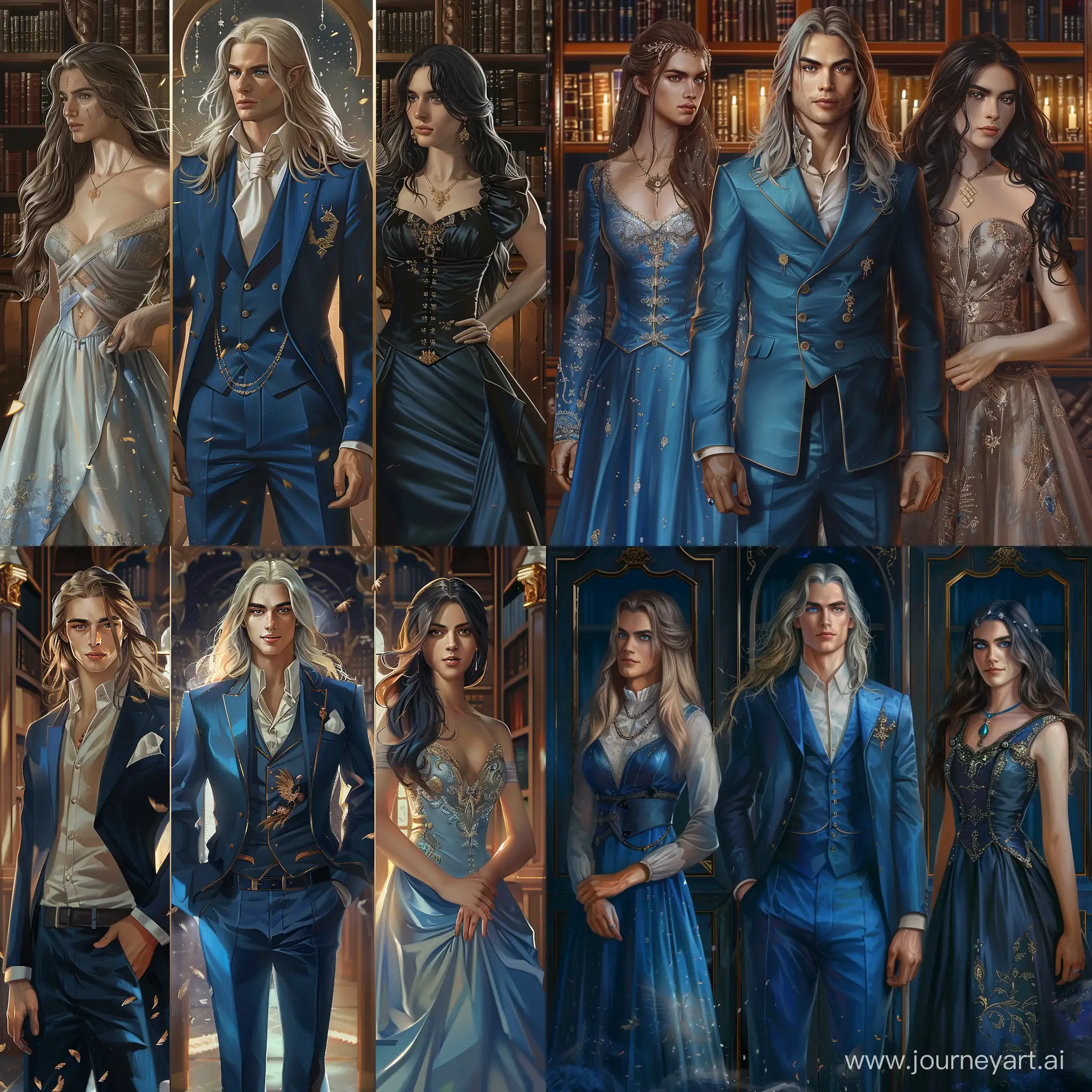 fantasy, парень со светлыми  длинными волосами в синем костюме, алхимический принц, тайная библиотека, и девушка с темными волосами в платье