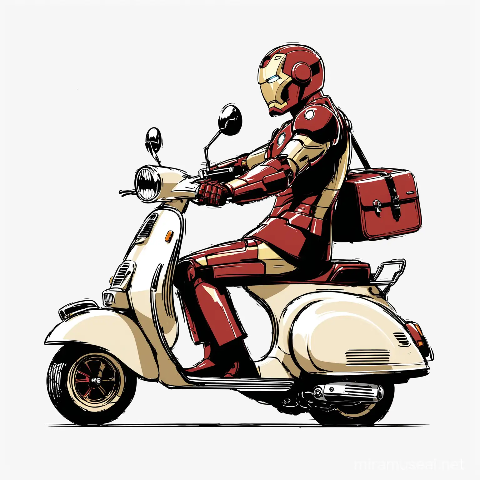 Iron Man drive a scooter Vespa, profil picture,style minimaliste On a white background