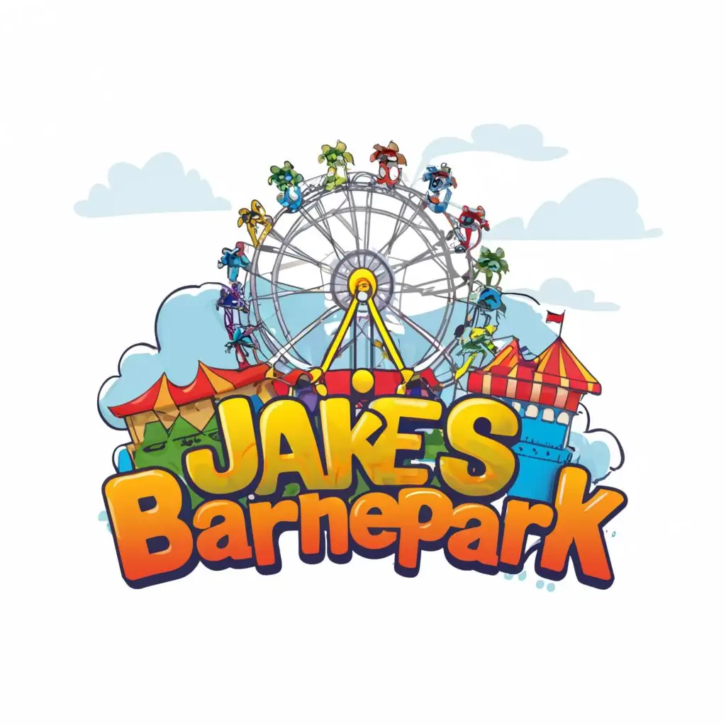 logo, cartoon kids bouncy castle ferris wheel, with the text "Jakes Barnepark", typography
