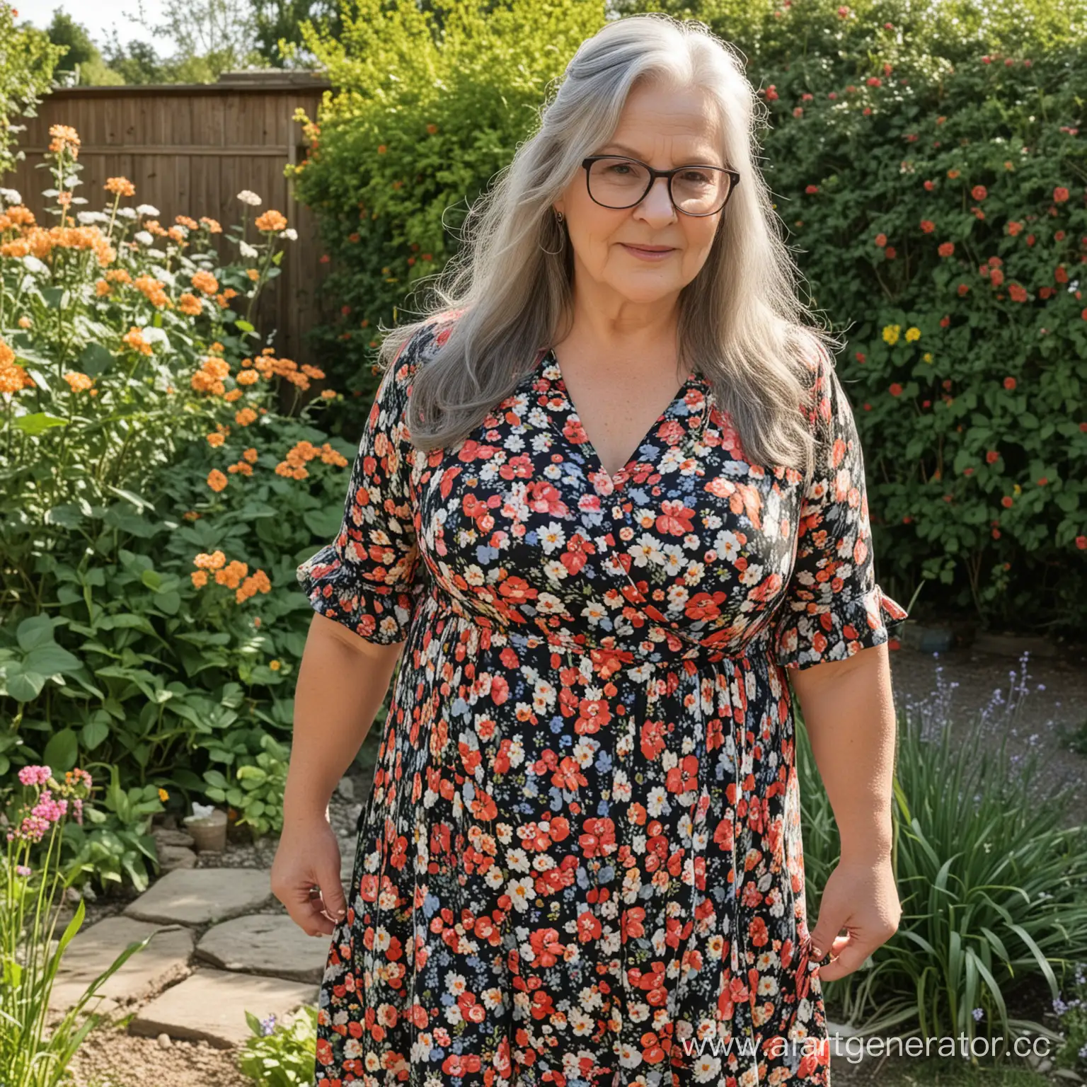 Elderly-Woman-with-Long-Grey-Hair-and-Glasses-Enjoying-Garden-Serenity