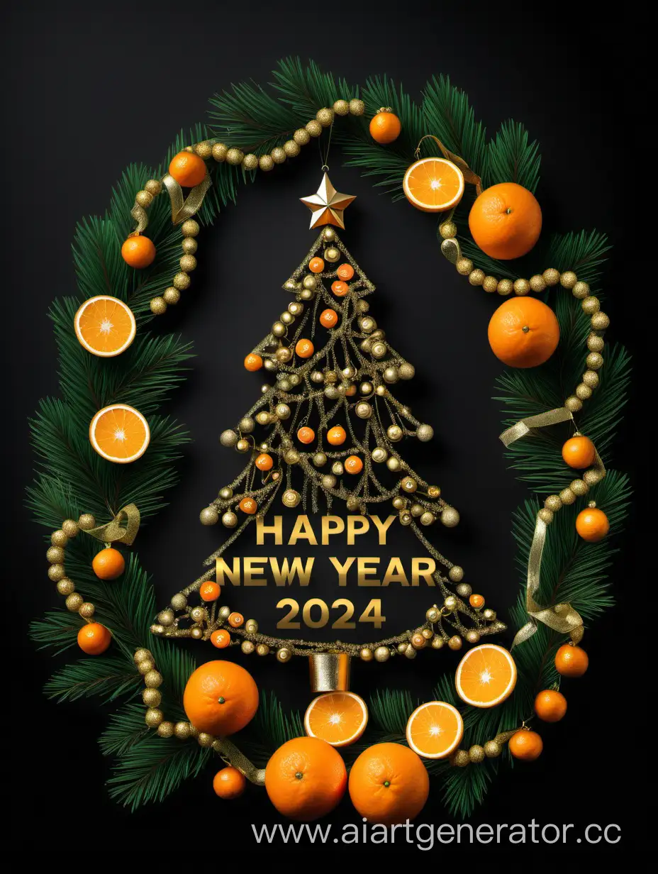 Черный фон зеленая  Елка с новым 2024 годом золотистая  мишура мандарины конфеты