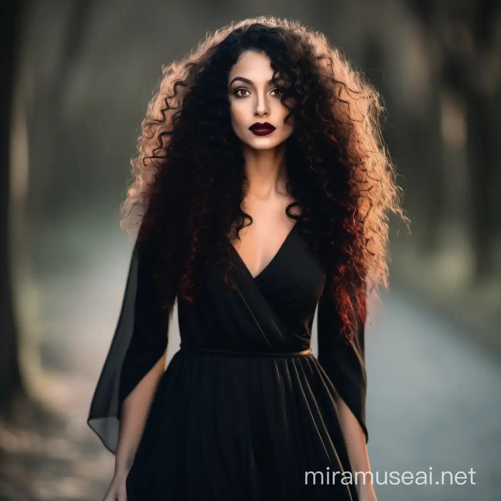 Elegant Woman with Long Curly Hair in Black Dress