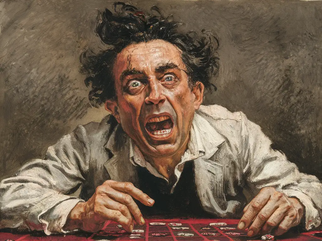 A man losing a considerable amount of money at the casino, evident madness and frustration in his eyes, outrageous expression of despair, in the style of Mary Cassatt, capturing the heightened emotions, the ferocity of a loss-fueled rage, realistic portrayal of an ordinary man's struggle, intense focus on hyper-expressive facial features, impressionistic brushwork, subdued color palette with splashes of stark red symbolizing anger and financial loss, a thickly applied texture to emphasize the harsh reality of his situation, and minute details in the attire reflecting the man's social status.