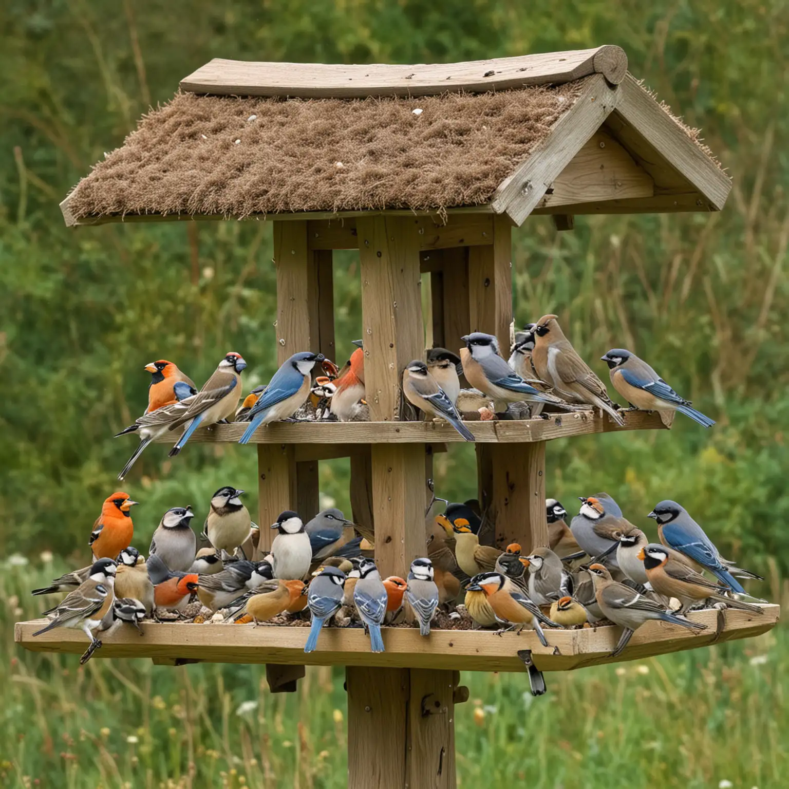massor av fåglar vid ett fogelbord