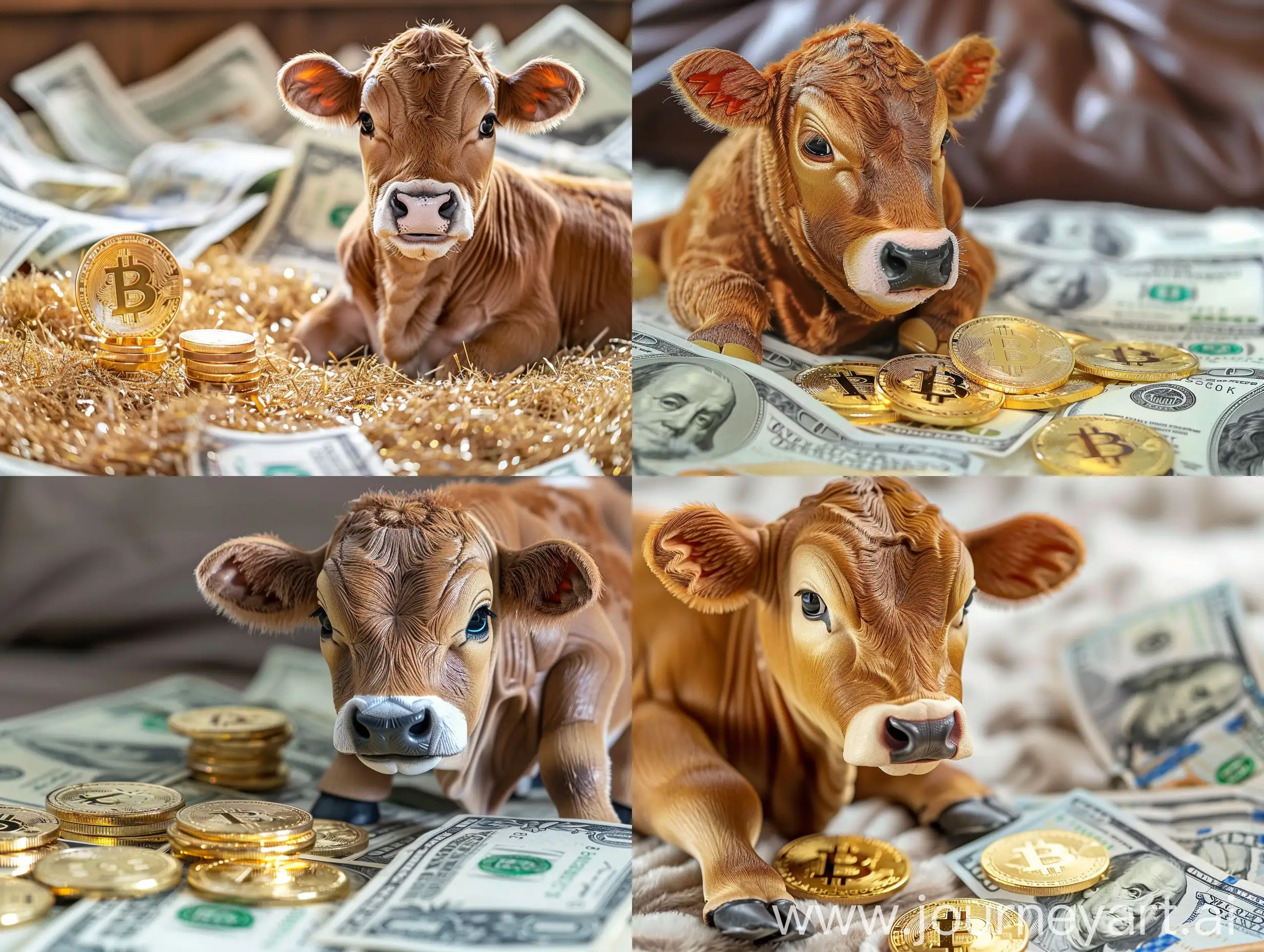 Baby cow image with bitcoin gold and alot of cash
