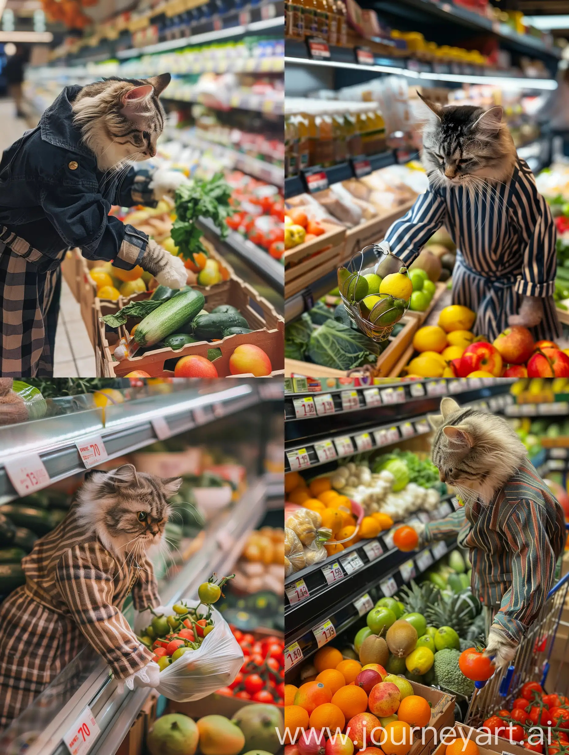 一只真实的猫咪穿着衣服在超市挑选蔬果