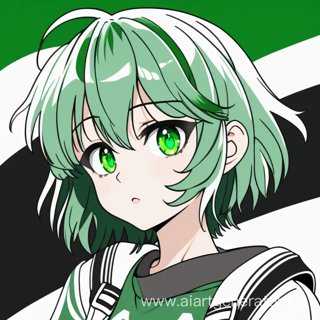 Girl with green hair, with a flag with horizontal colors of white, green and black, anime style