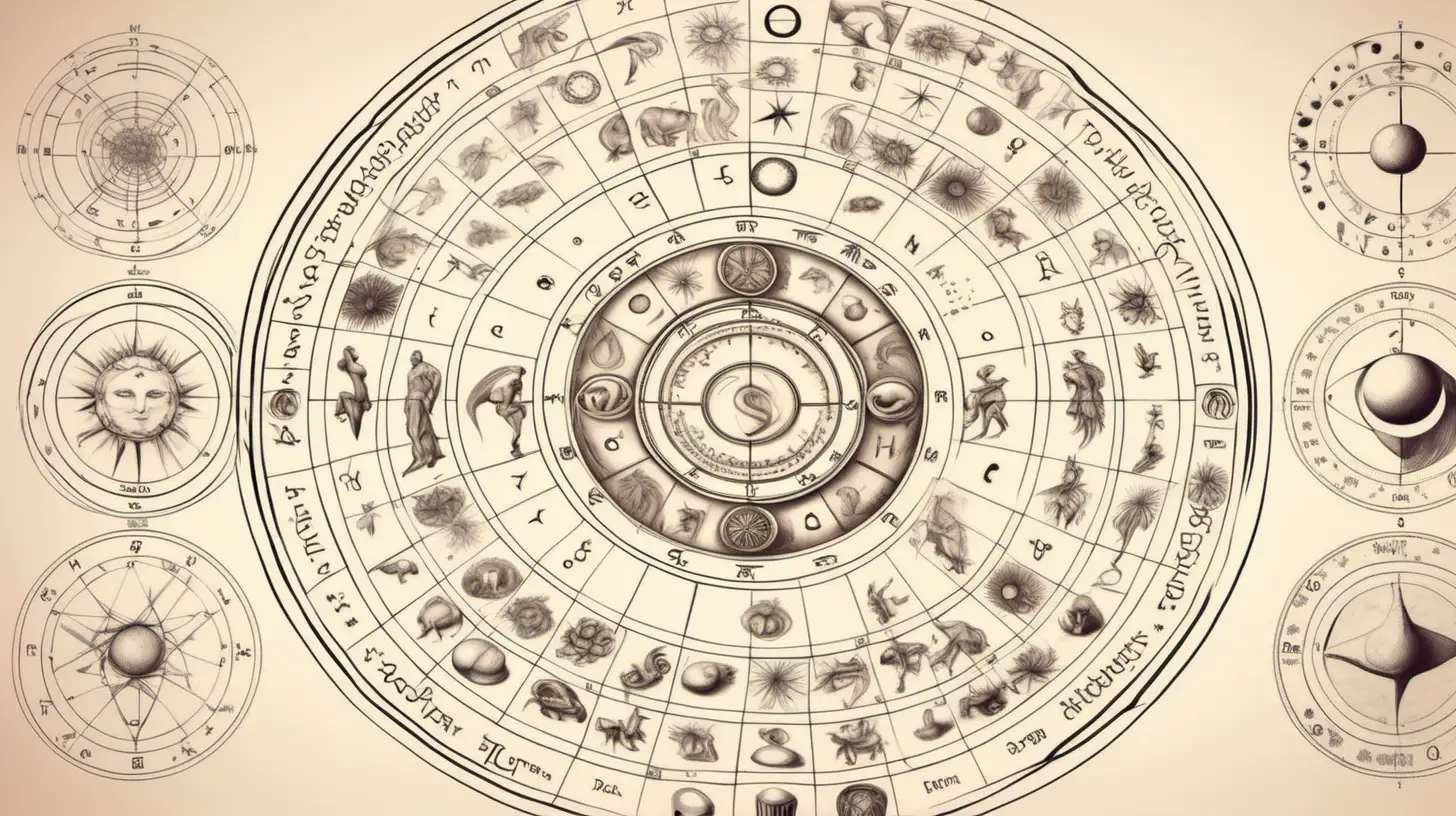 Realistic astrology circle drawing divided into 12 sections. Have zodiac symbols on it. front view, mystic elements