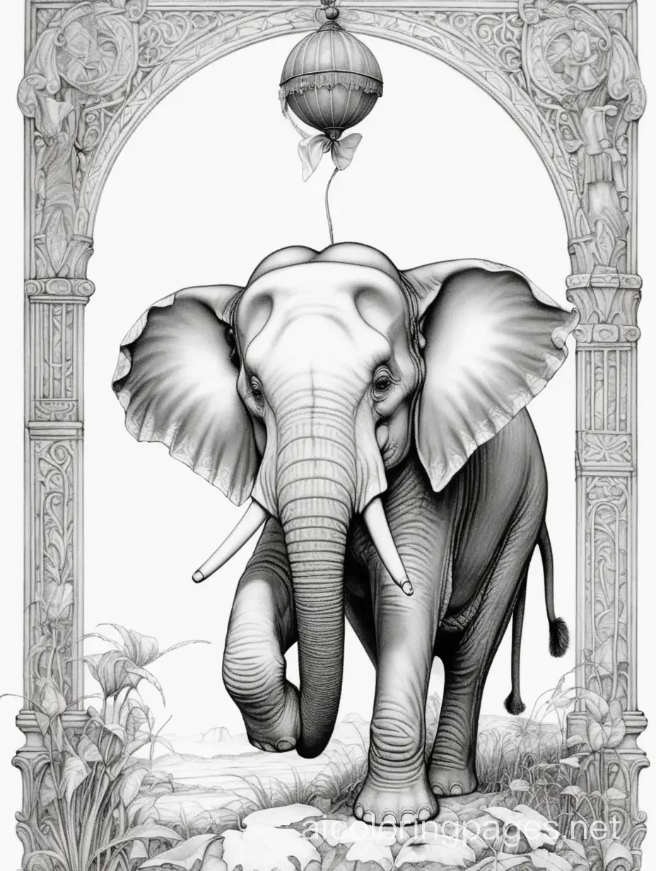 parchment,  elephant, highly detailed, intricate, Jean-Baptiste Monge, Coloring Page, black and white, line art, white background, Simplicity, Ample White Space. The background of the coloring page is plain white to make it easy for young children to color within the lines. The outlines of all the subjects are easy to distinguish, making it simple for kids to color without too much difficulty