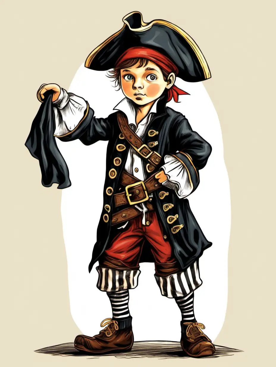 boy in pirate clothes with a sock in his hands, for a book, illustration