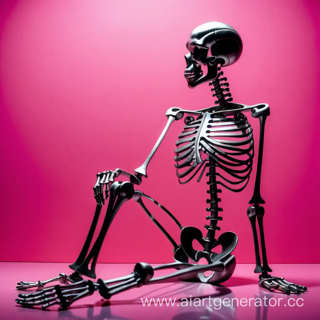 одинокий металлический скелет человека сидит на чёрно-розовом фоне 
