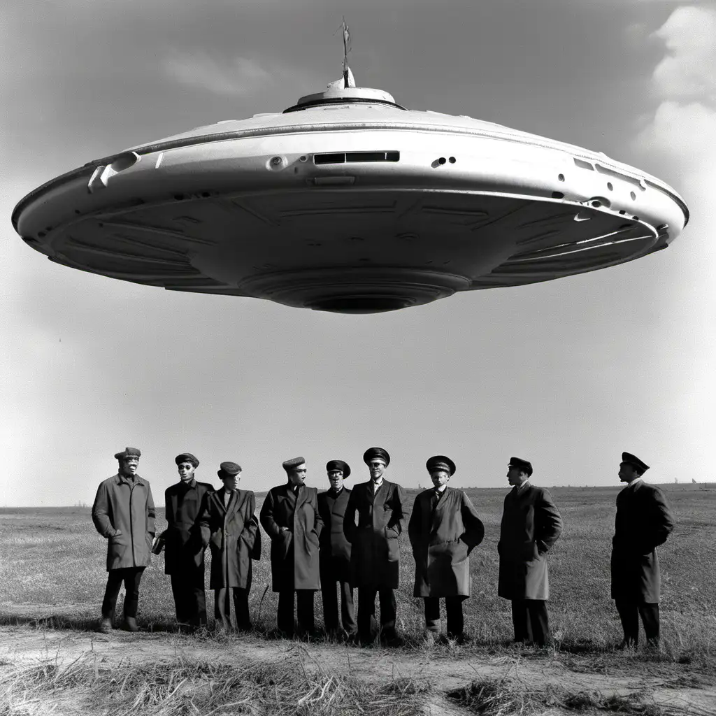 советское поле, делегация из советских рабочих стоит около инопланетной тарелки  , чернобелая  советская фотография