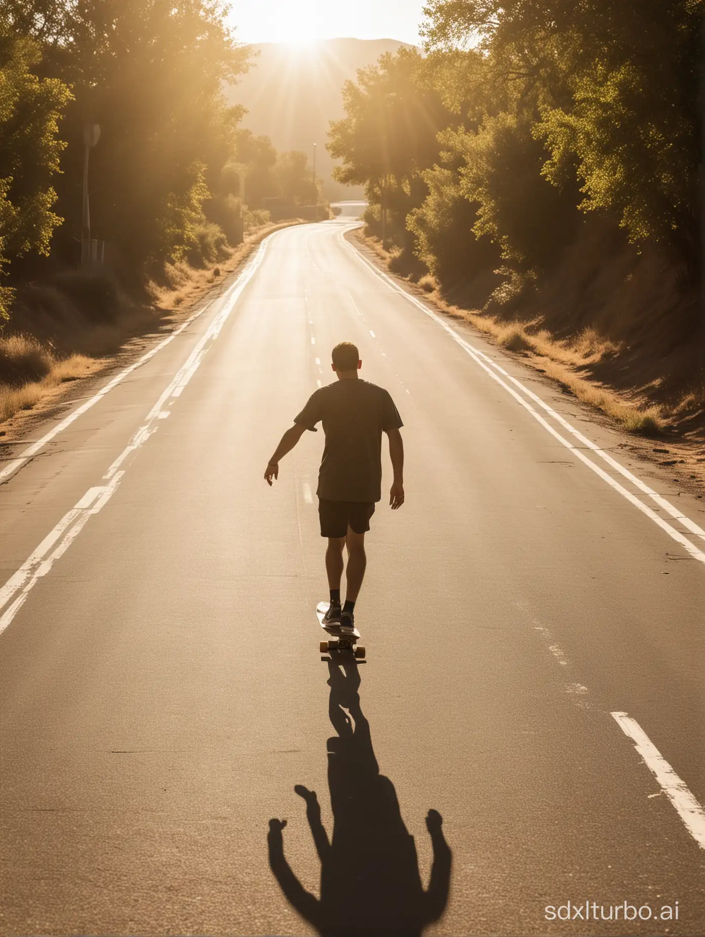Under the intense glare of the sun, a man skillfully glides on his skateboard, traversing a winding road. His body bends in harmony with the curves of the road as he descends the hill, relishing the sensation of freedom and speed that the skateboard provides. The sun, high in the sky, casts golden rays upon the scene, creating long shadows that dance to the rhythm of his movement.

The warm asphalt seems to hum beneath the skateboard's wheels, while the wind against his face brings a refreshing surge of adrenaline. Around him, trees sway gently in the breeze, forming a green tunnel that accompanies his journey. The sound of the skateboard gliding over the pavement blends with the chirping of birds and the distant hum of cars, creating a unique soundtrack for his adventure.

The man smiles, his eyes sparkling with the thrill of the descent, as he fully embraces the experience. Each curve, each descent is an adventure, an opportunity to feel the pulsating energy of outdoor life. The sunny day and the open road stretch out before him, inviting him to explore and lose himself in the freedom of movement.