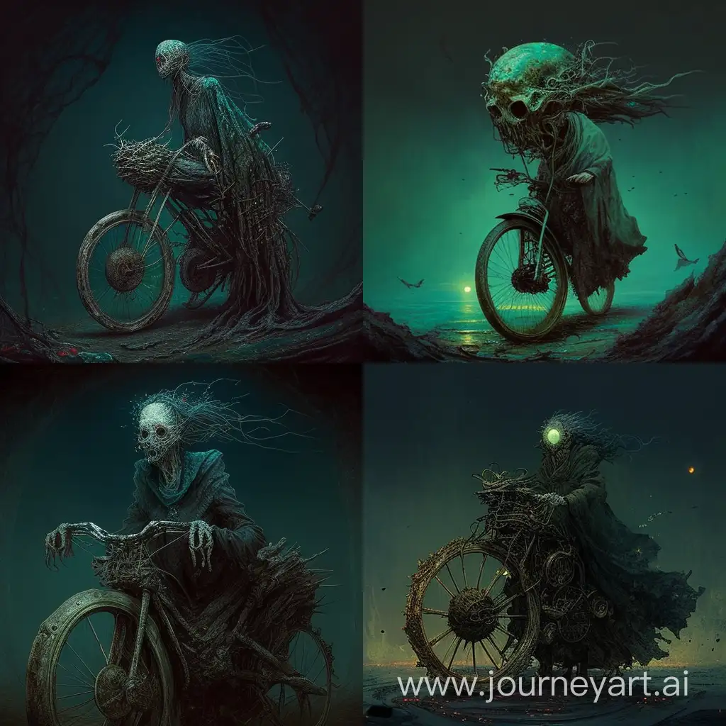 Old Lovecraftian decrepit lady riding a broken bike holding eye balls in her hand. Beksinski style, grotesque, dark, unsettling, haunting 