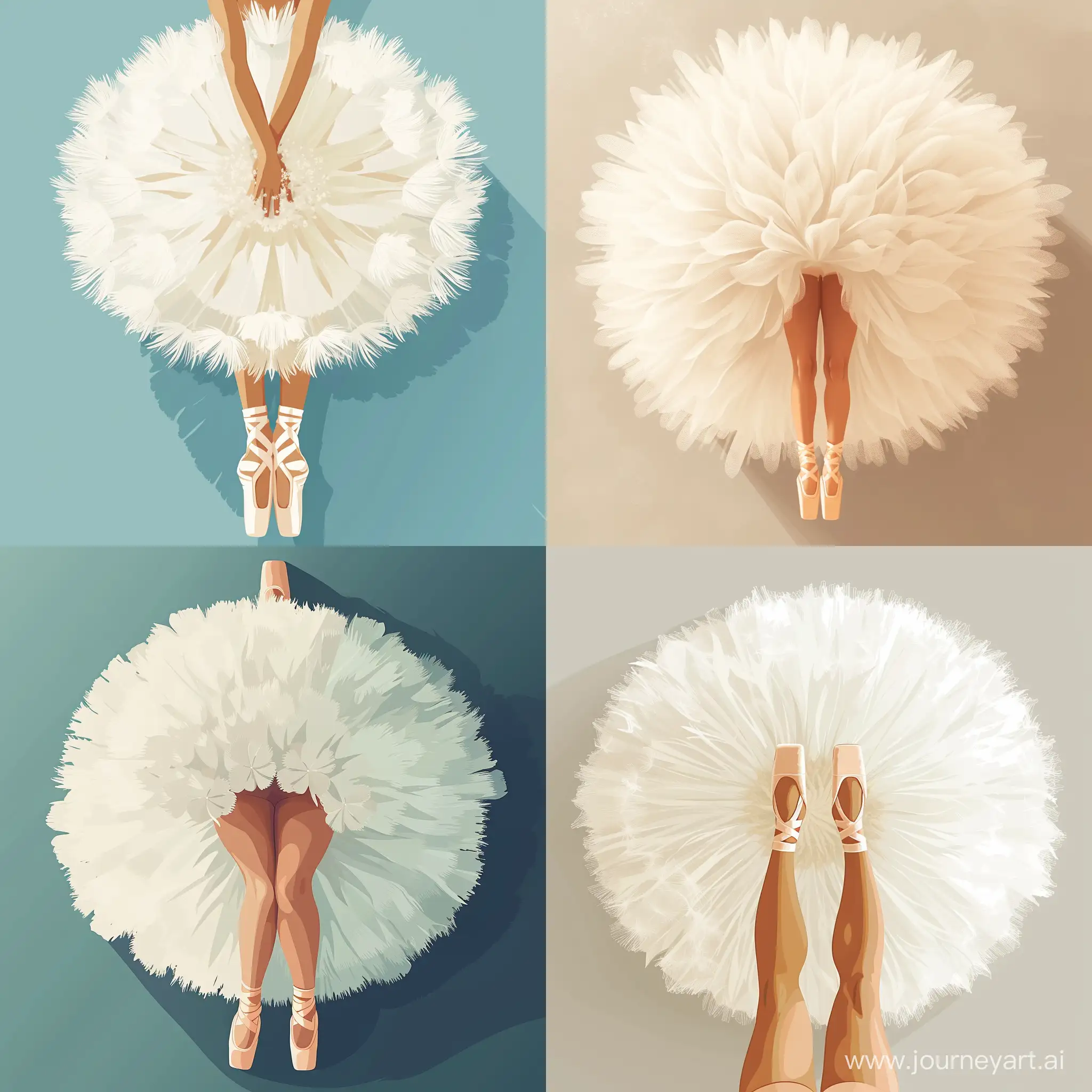 a ballet dancer from a top-down perspective. The dancer is on pointe, with her feet closely together, wearing a voluminous white tutu that fans out beautifully around her, resembling a dandelion in full bloom., in cartoon flat style