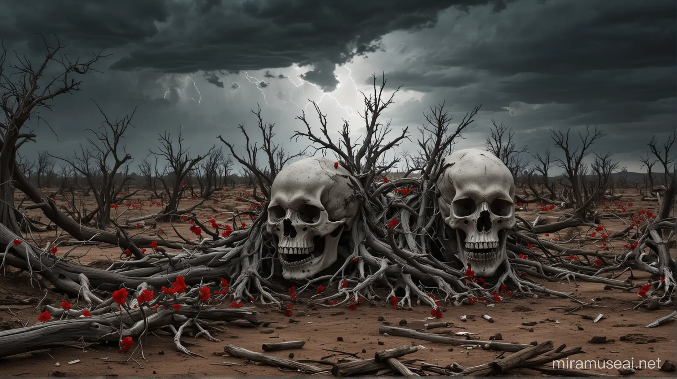 Two gaunt trees growing out of skulls lean against each other in a barren landscape. The hollows of the skulls form roaring faces that symbolize rage and battle.
The foliage of the trees growing out of the skulls are depicted as sharp blades, representing death and suffering.
The branches of the two trees surround a single, blood-red flower in the center, symbolizing hope and beauty in the midst of destruction.


A dark, stormy sky, saturated with lightning, reflects tension and destruction.
In the distance you can see the silhouette of the once proud city in ruins, a reminder of a bygone civilization.


Black and gray are the dominant colors to represent the sky and the barren landscape, symbolizing death and destruction.
Red accents on lightning bolts and flower, emphasizing struggle and hope.
Shades of white on the edges of the blades, emphasizing the cold reality of death.