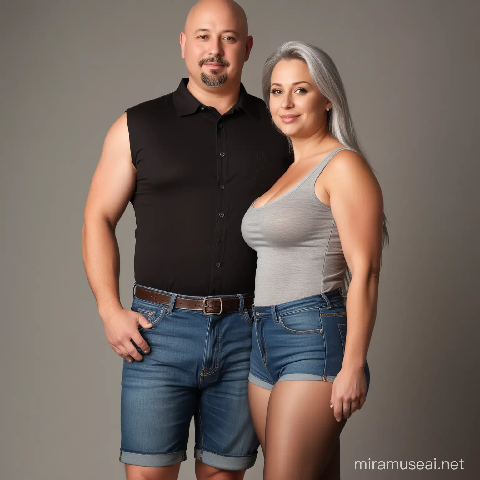 chubby husband and thin wife, wearing shiny dark brown pantyhose, denim jean shorts, husband chubby, 35 years old bald, small goatee. black button down shirt. Wife silver hair, 55 years old, large boobs, grey tank top, standing