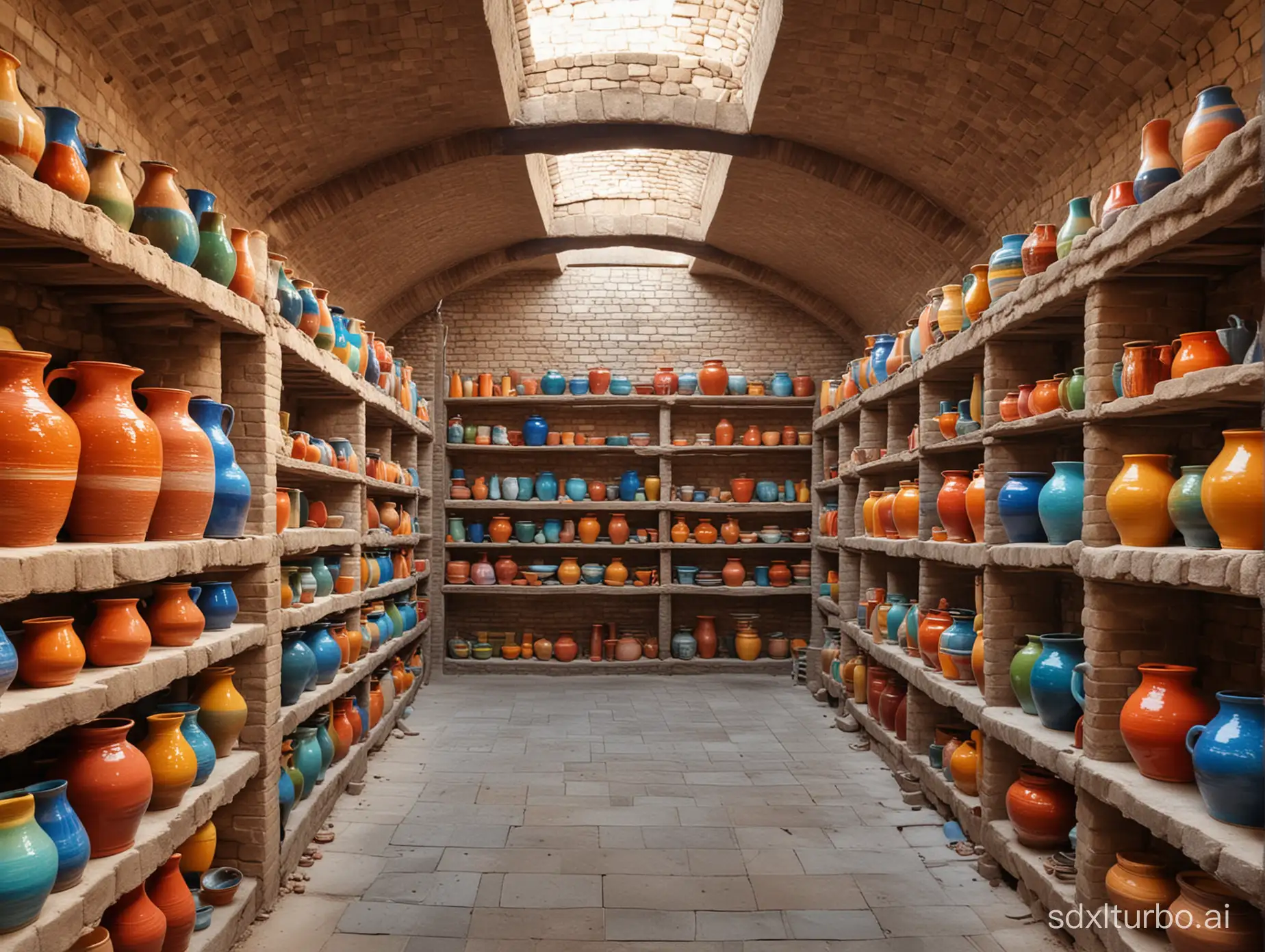 Big pottery kiln with colorful glazed ceramics inside realistic