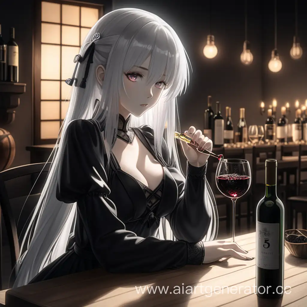 Elegant-WhiteHaired-Anime-Woman-Sipping-Wine-in-Stylish-Black-Dress