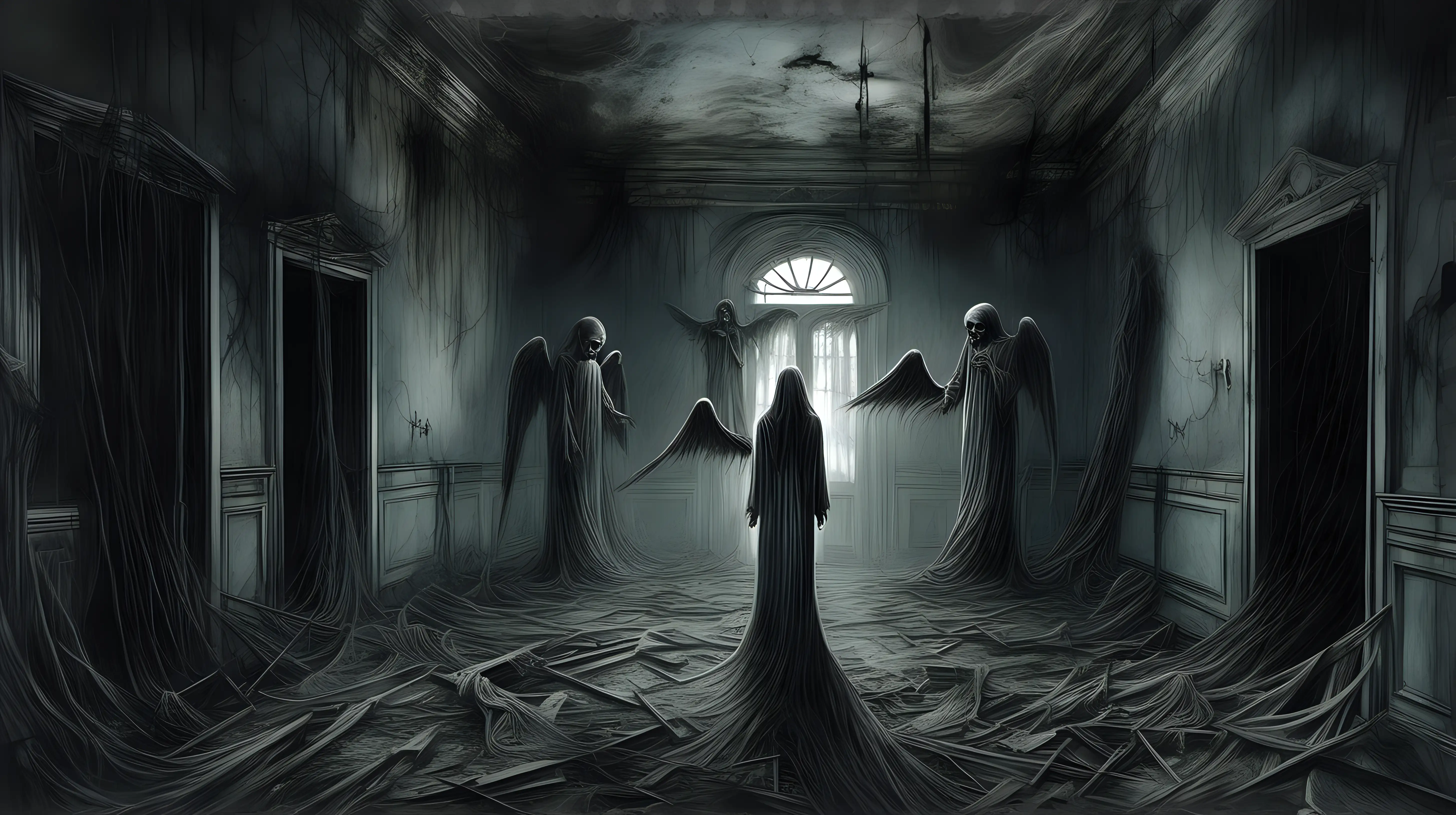 "Illustrate a sorrowful image of the Angel of Death standing in a haunted, dilapidated mansion, with ethereal wisps of lost souls lingering in the decaying hallways."