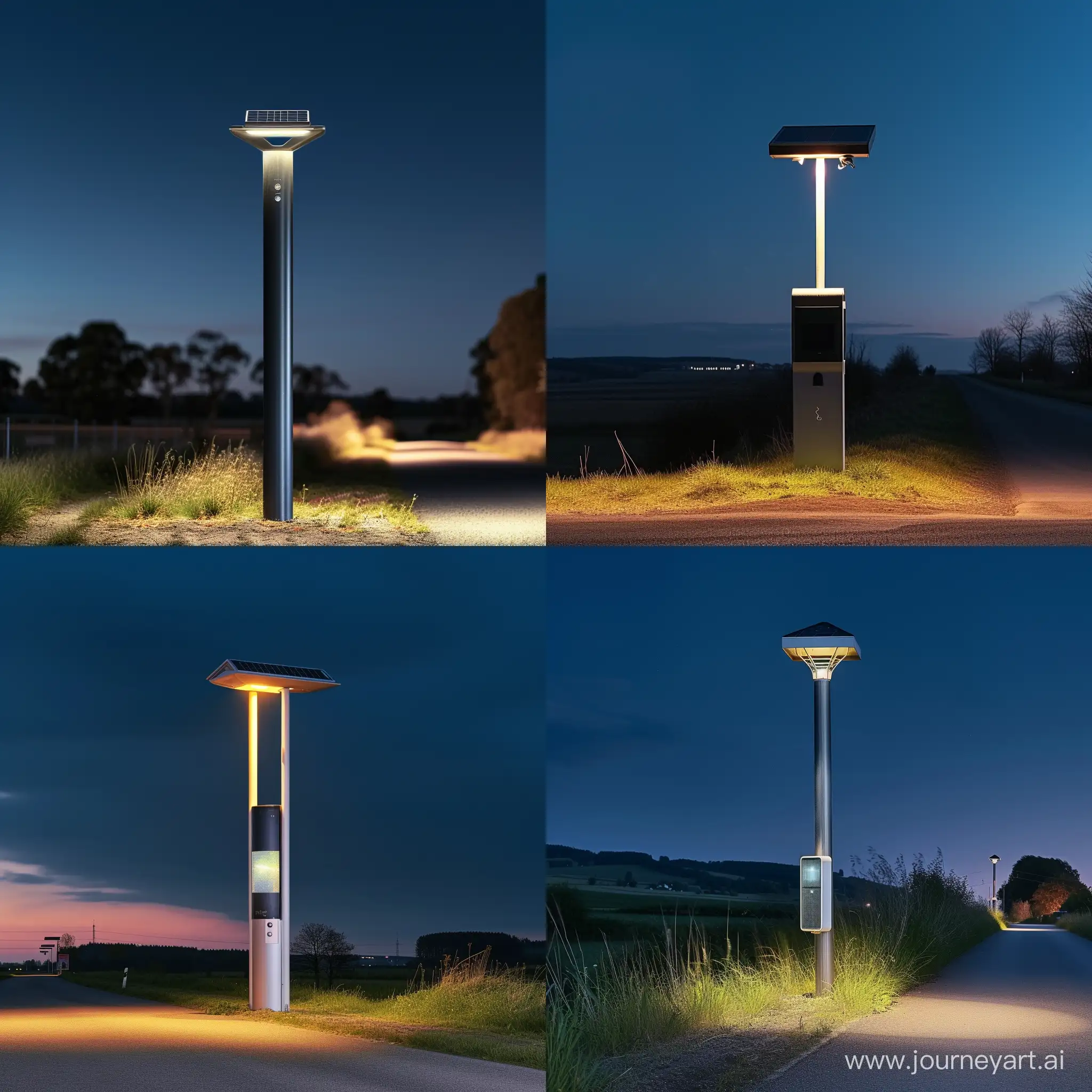 tall lamppost with small sensor in the midle, modern, fancy, solar panel on top, nightsky, countrie road