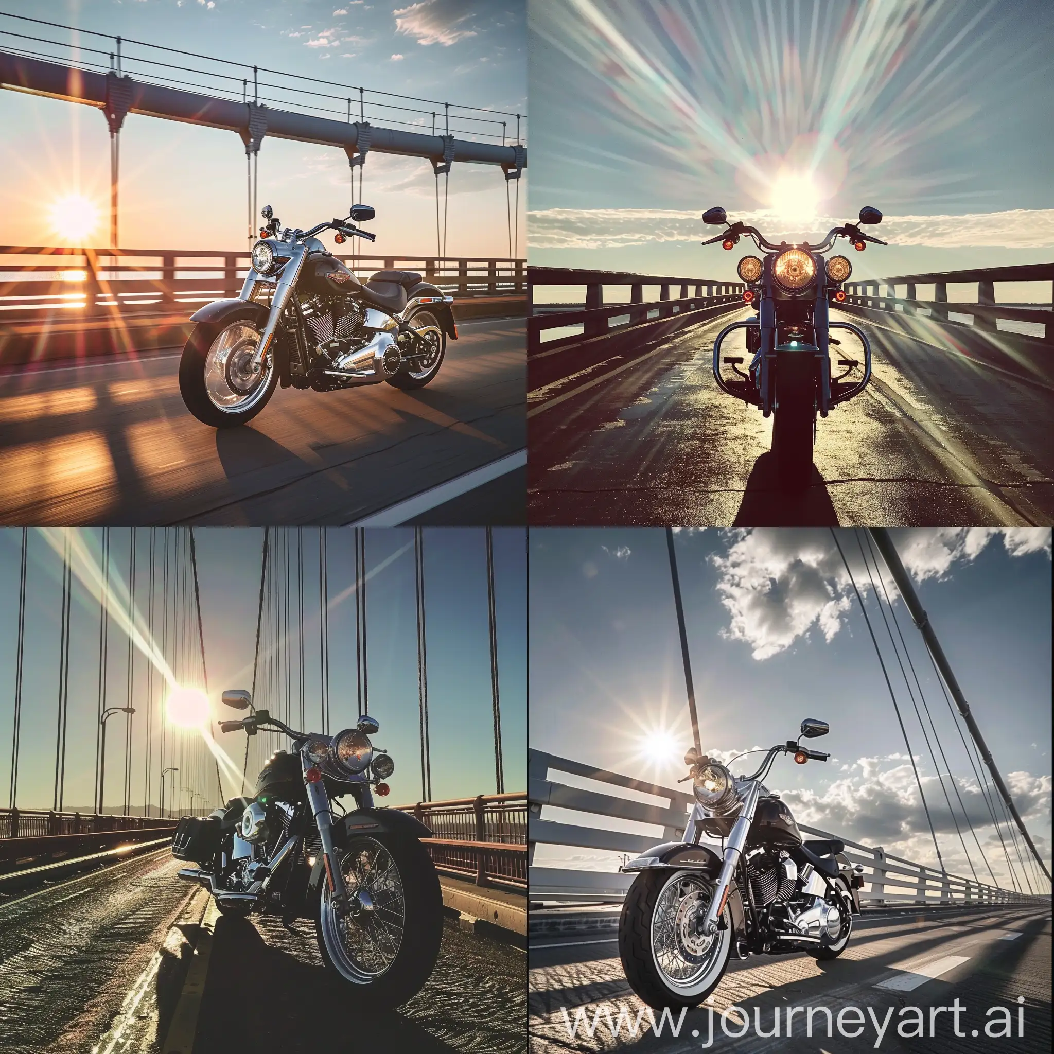 Harley-Davidson-Motorcycle-Crossing-Bridge-at-Sunset